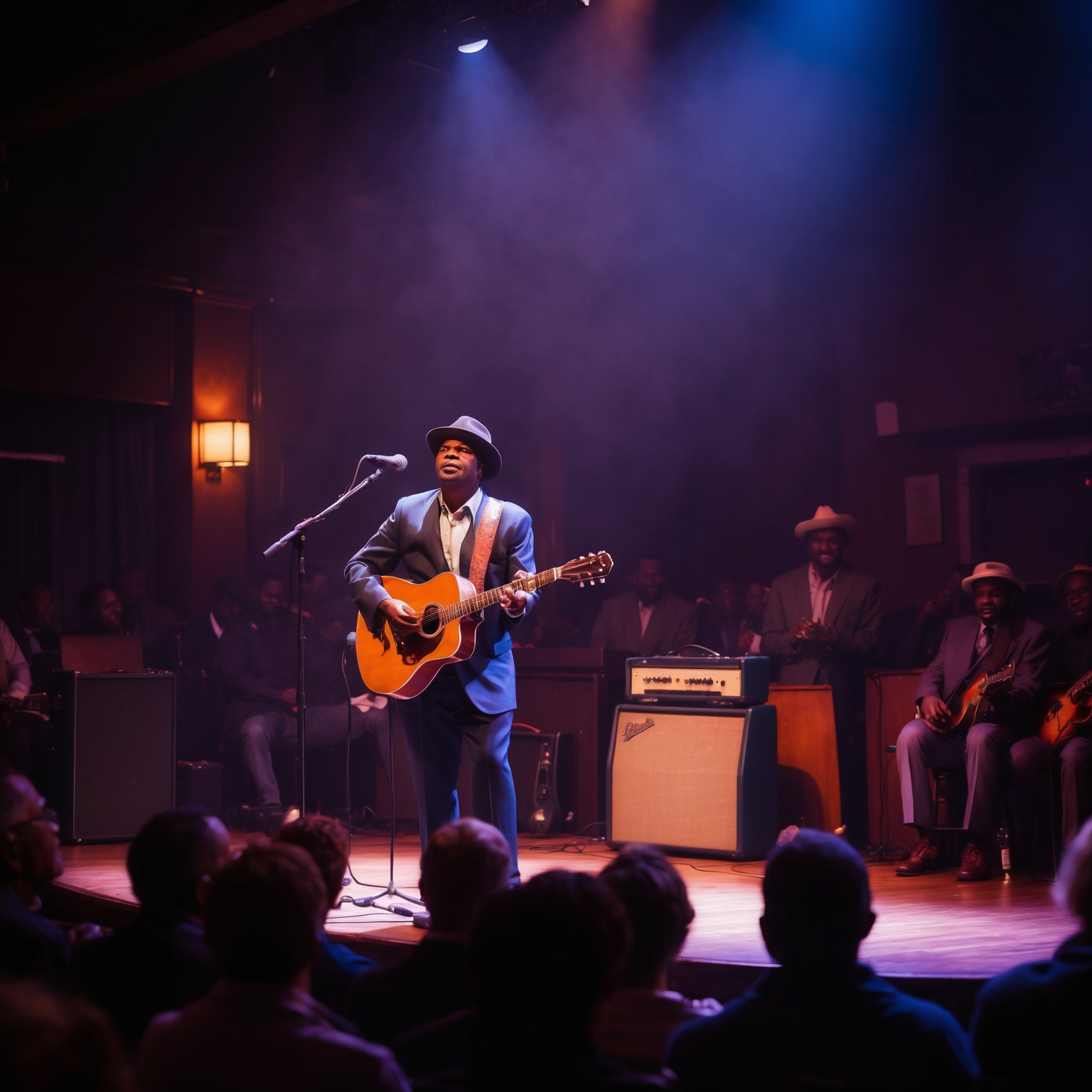 Create an image of a live performance stage with dim lighting, featuring a soulful guitarist in a spotlight, evoking the atmosphere of a heartfelt blues performance. Capture the intimacy and raw energy of a classic blues club, with an audience captivated by the soulful music. Include subtle elements like a microphone, guitar amplifier, and warm lighting to enhance the mood.