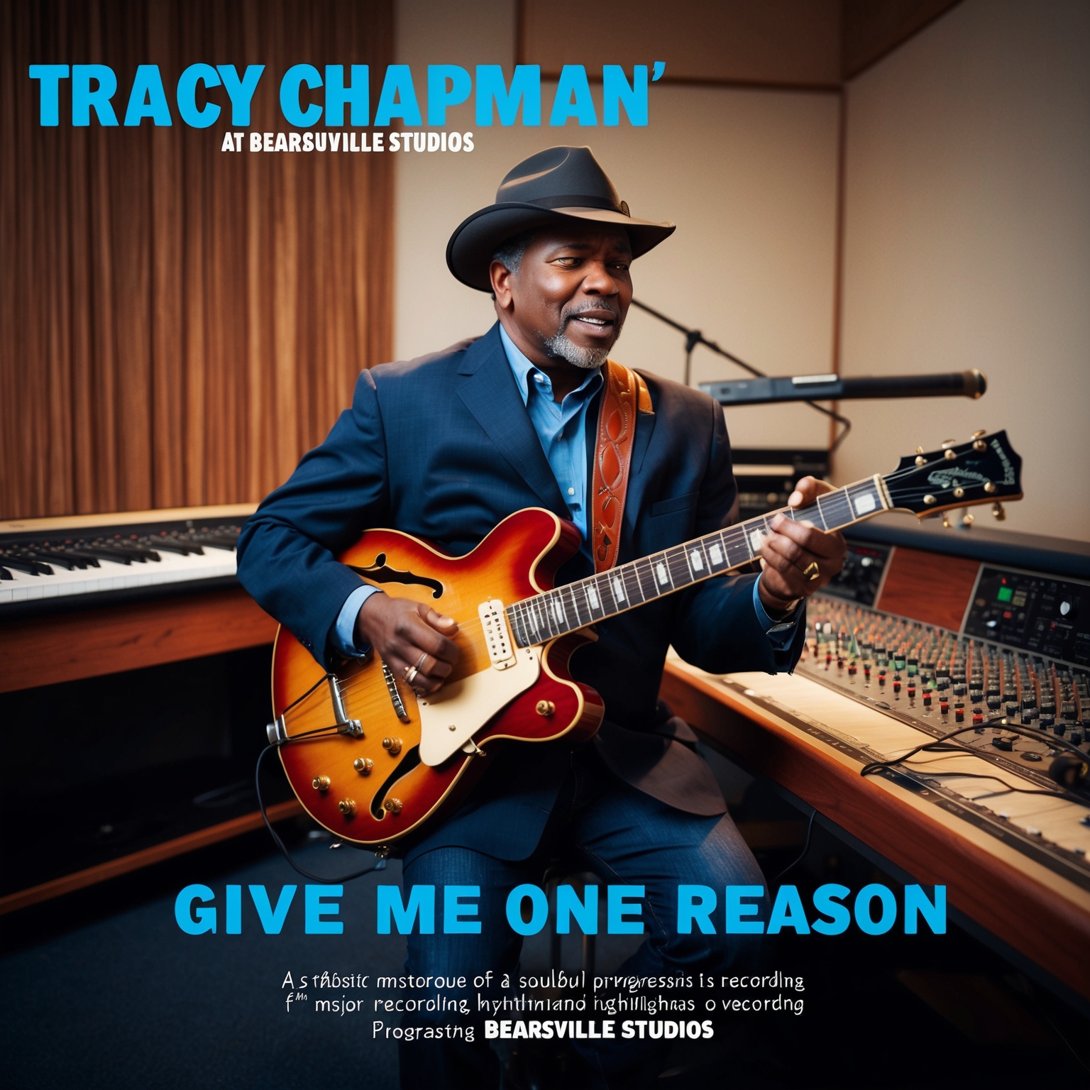 An artistic visualization of a blues musician in a recording studio, with electric guitar highlights and a focus on capturing the essence of soulful music progression in F# major. The scene should reflect a laid-back yet emotionally charged atmosphere, representative of a rhythmic and melodic synthesis typical of Tracy Chapman