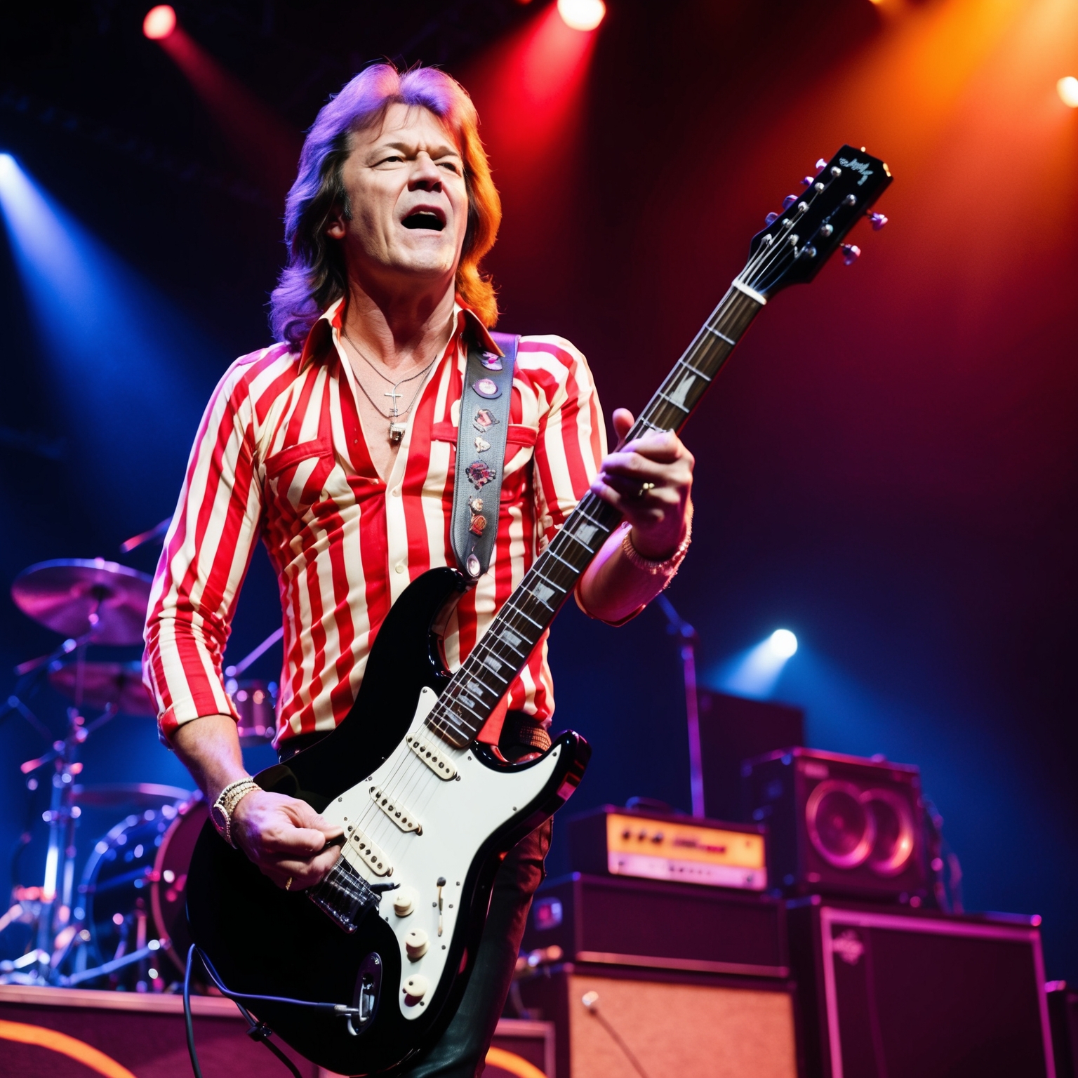 A vibrant, high-energy image capturing Eddie Van Halen playing the electric guitar on stage, set in the early 1980s. Include iconic elements like his famous red-black-and-white striped guitar and a dynamic stage setup, highlighting Eddie