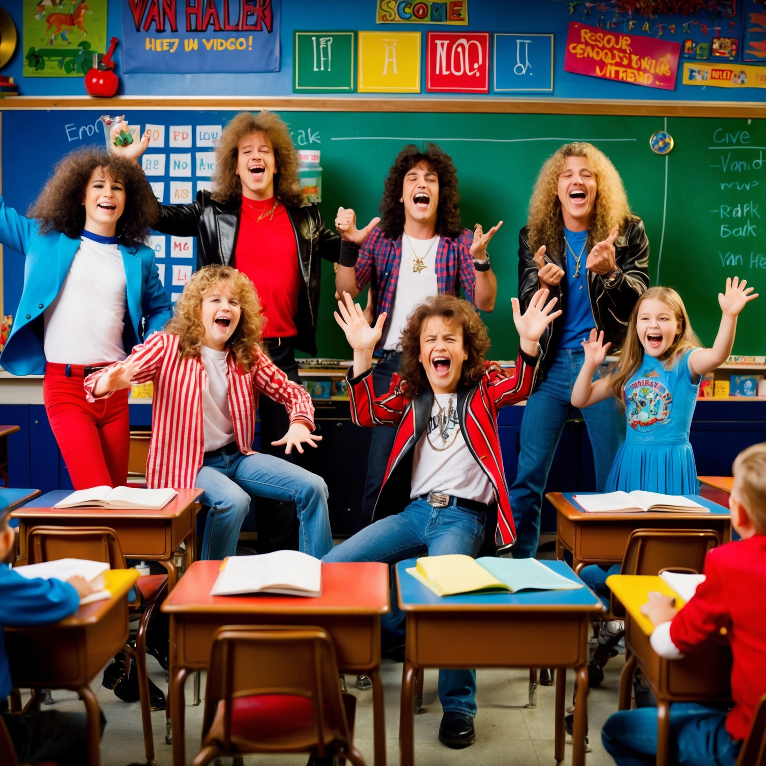 A vibrant scene from the 1980s rock music video, depicting a lively classroom with band members acting playfully. Capture the exuberant and rebellious energy of Van Halen, with elements of humor and cheeky school themes, featuring lively kids and band performances in a colorful, energetic setting. Include distinctive 1980s attire and style.