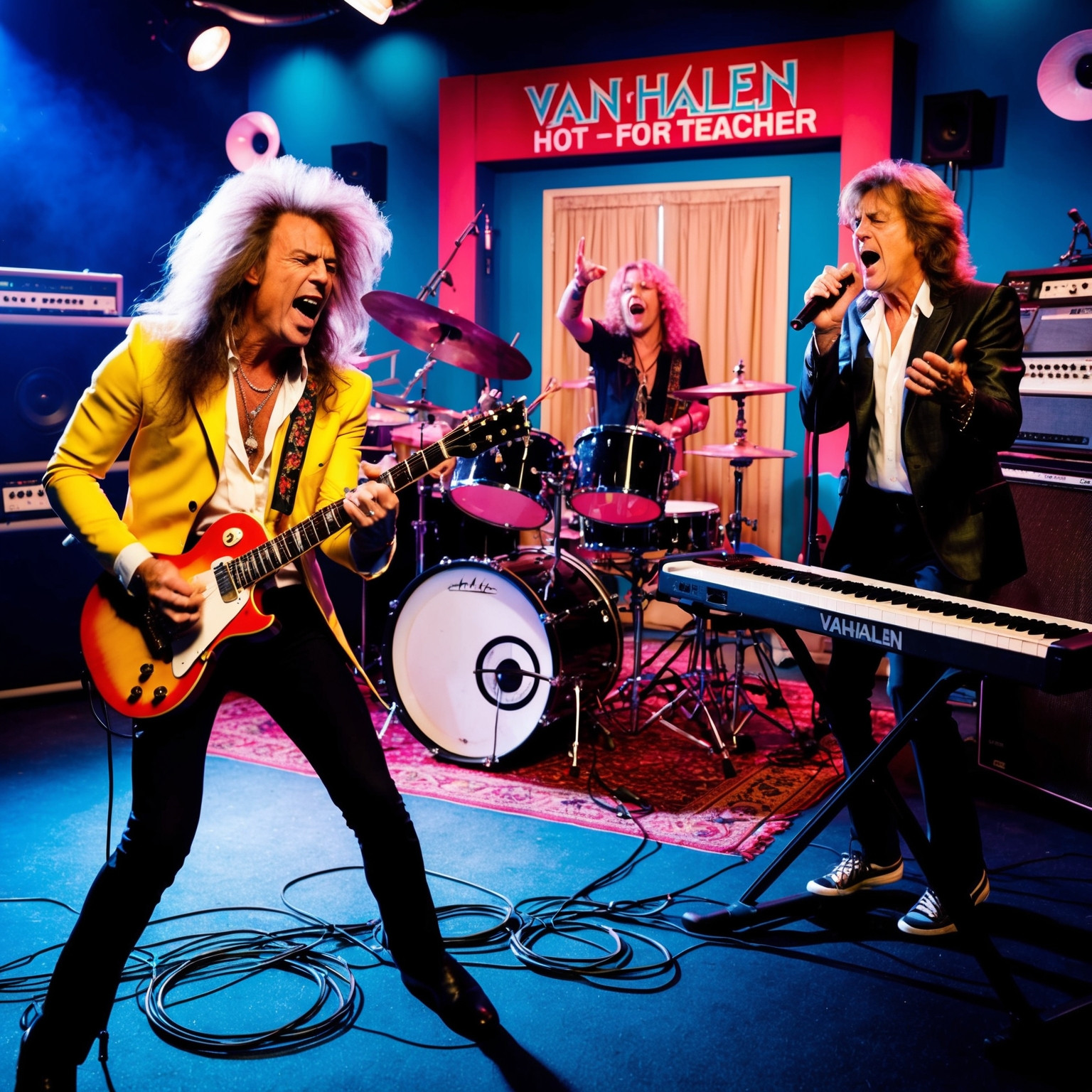 An energetic and flamboyant depiction of a rock band in the studio. Key elements include a guitarist playing an electrifying solo, a drummer with a complex setup, a vocalist singing passionately, and a keyboard subtly enhancing the ambiance. The setting is a vibrant and creatively inspiring studio filled with 1980s musical equipment reflecting Van Halen