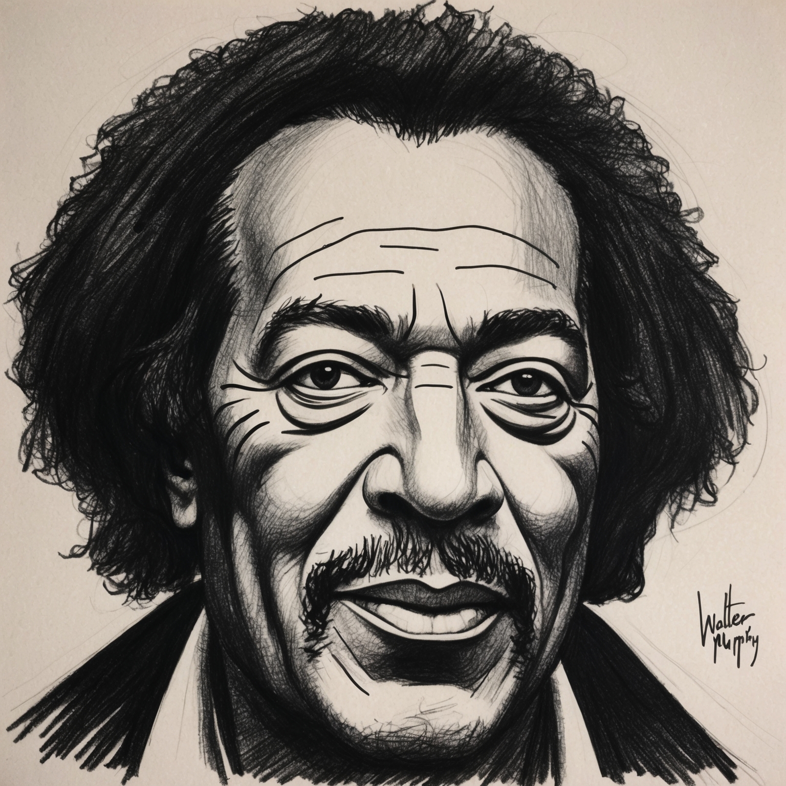 Create a charcoal, stylistic drawing of Walter Murphy. The portrait should be black and white, with a half finished, artistic feel, capturing the essence of his musical innovation during the 1970s.