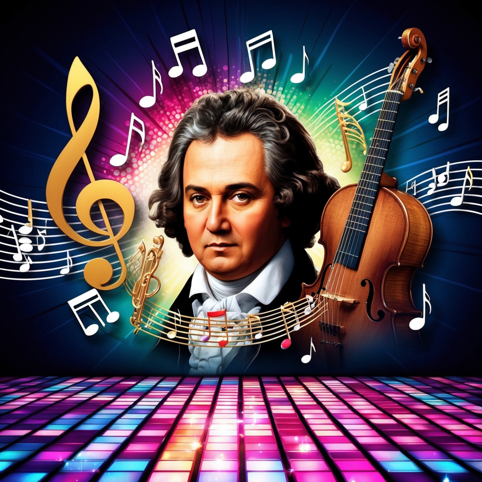 Illustrate a dynamic blend of classical and disco music elements, featuring musical notes and instruments, set against a vibrant and energetic backdrop, similar to a disco dance floor in the 1970s with a subtle reference to Beethoven’s portrait.