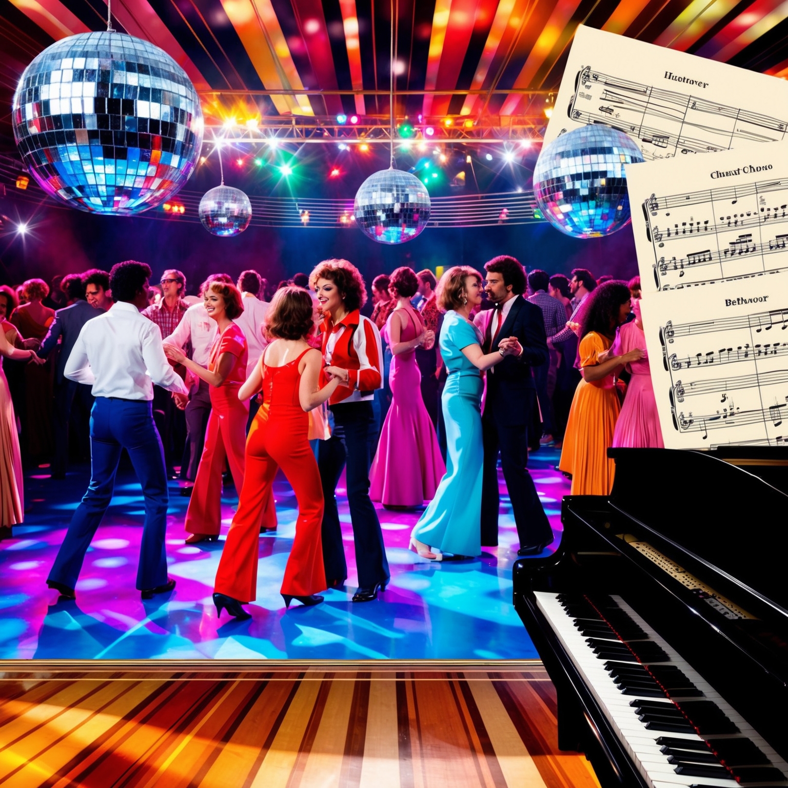 A vibrant 1970s disco scene featuring elements of classical music. Imagine a bustling dance floor with mirror balls reflecting colorful lights, as people in retro attire groove to the beat. In the background, incorporate subtle hints of sheet music and a grand piano, blending the elegance of Beethoven with the lively energy of disco. Capture the essence of a chart-topping phenomenon and its fusion of genres.