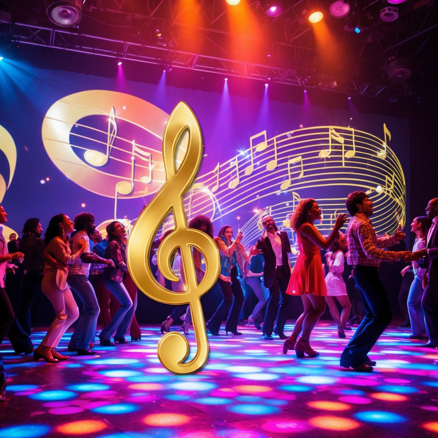 Imagine a vibrant disco dance floor from the 1970s, with a diverse crowd enjoying the music. In the background, project a golden treble clef, symbolizing the fusion of classical and modern music as heard in "A Fifth of Beethoven". The atmosphere should reflect the exuberance and creativity of the disco era.