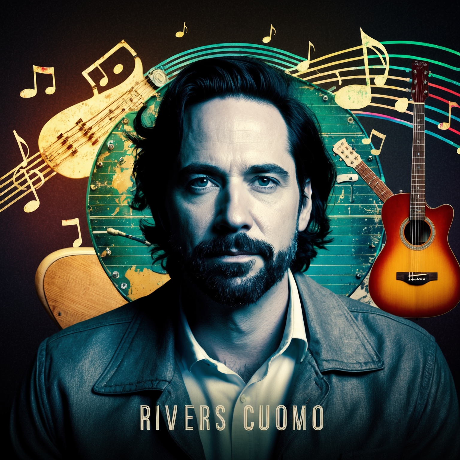 A portrait of Rivers Cuomo, surrounded by elements symbolizing musical inspiration: a guitar, musical notes, a background resembling 90s rock aesthetics, and subtle references to power pop and grunge styles.