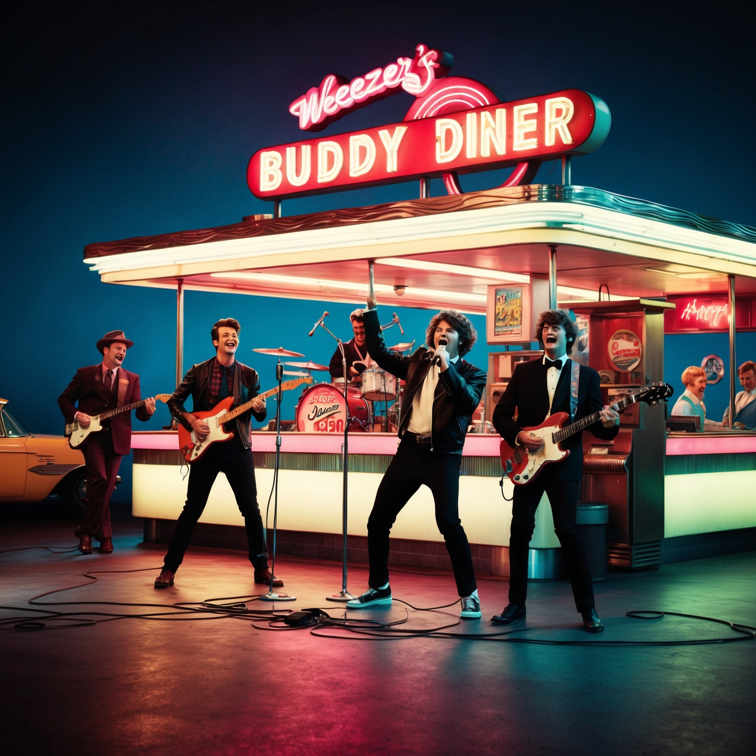 A nostalgic scene featuring a 1950s diner with iconic neon signs, a band performing with energetic vibes, and characters reminiscent of 