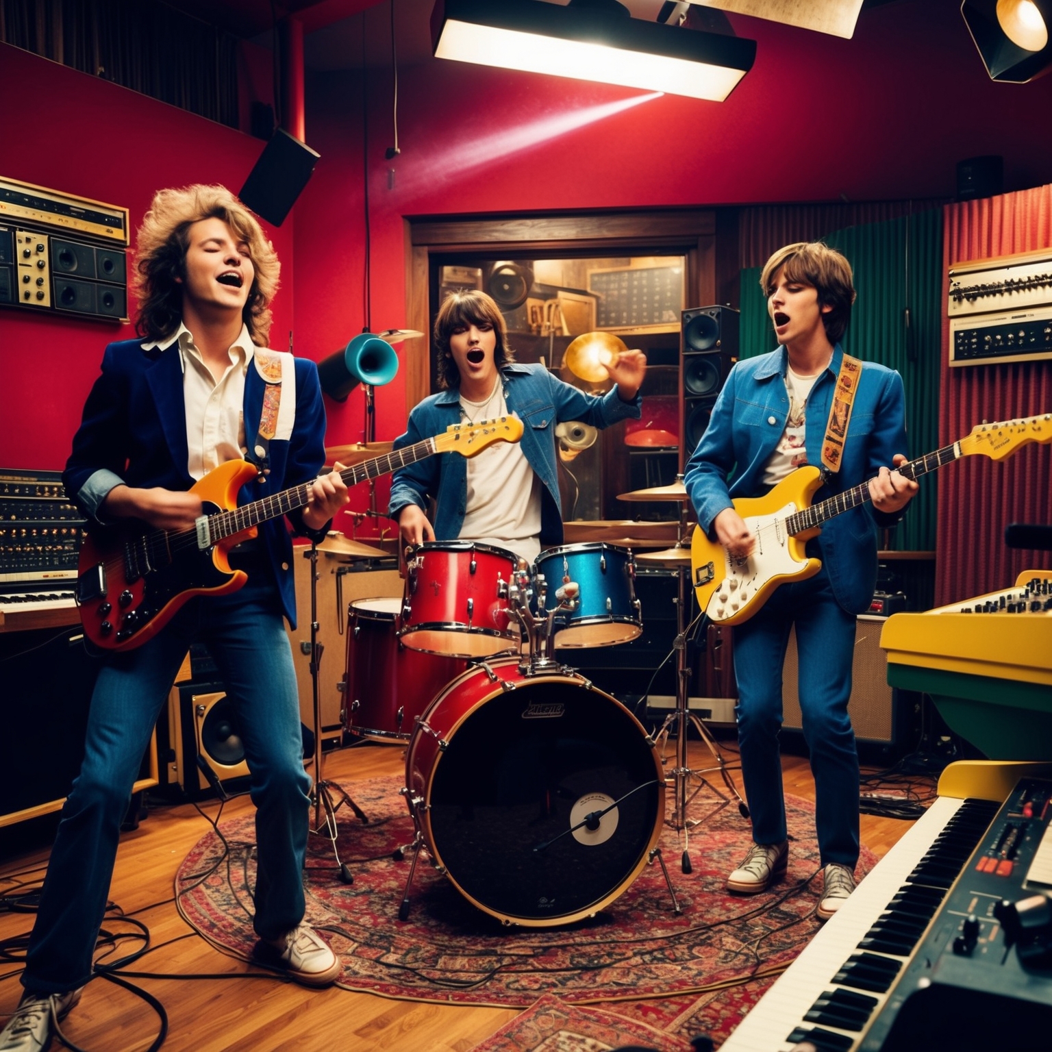 A vibrant and energetic scene at a 1990s recording studio, showcasing a band playing electric guitars, drums, and keyboards. Emphasize the dynamic energy, with the band emulating a young, spirited garage rock feel. Show details of the iconic studio environment with colorful sound equipment and vintage recording tools.