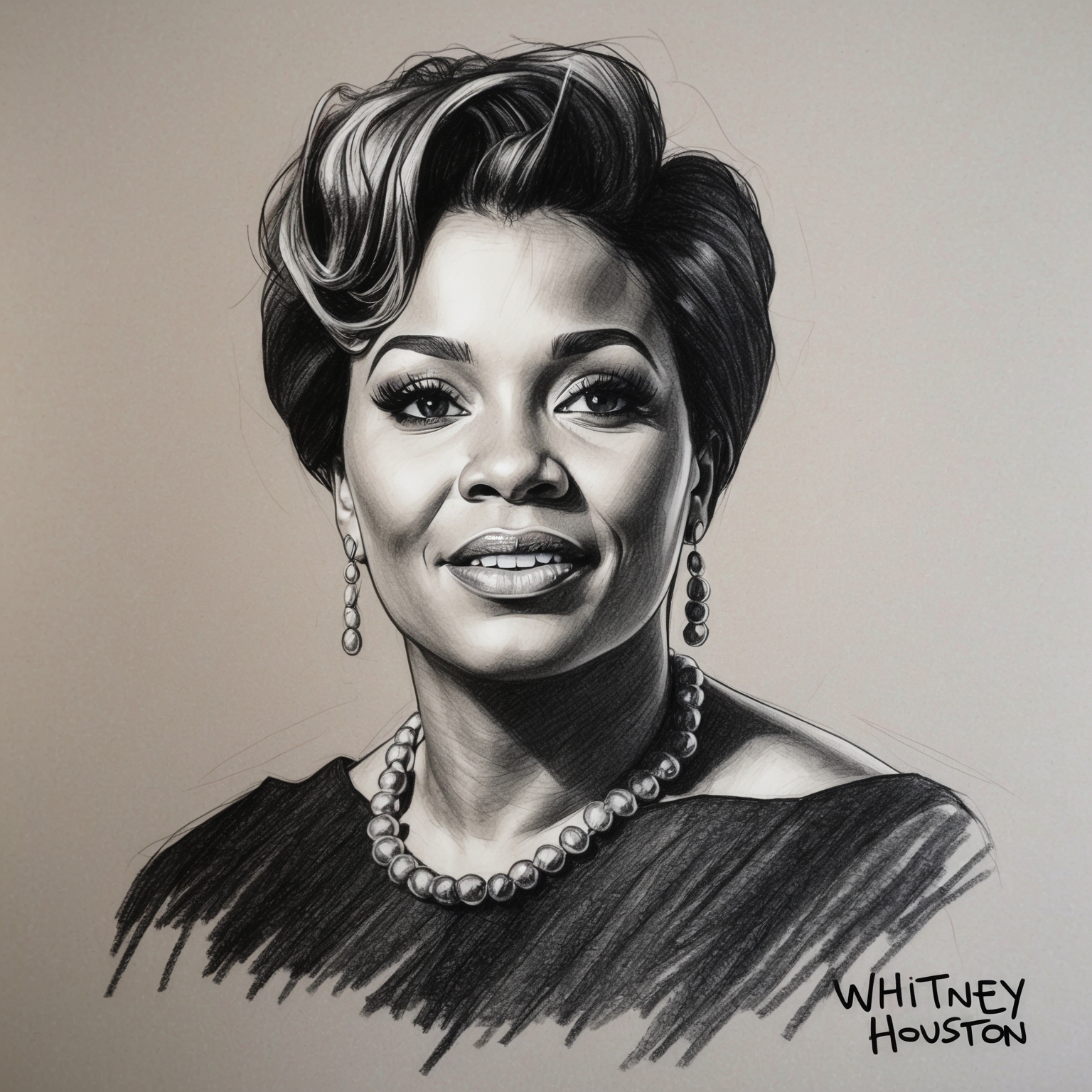 Create a black and white charcoal, stylistic drawing of Whitney Houston. Capture her expressive face with a half-finished feel. Focus on her expressive eyes and iconic features, with soft contrasts and shaded details, giving a timeless and artistic portrayal.