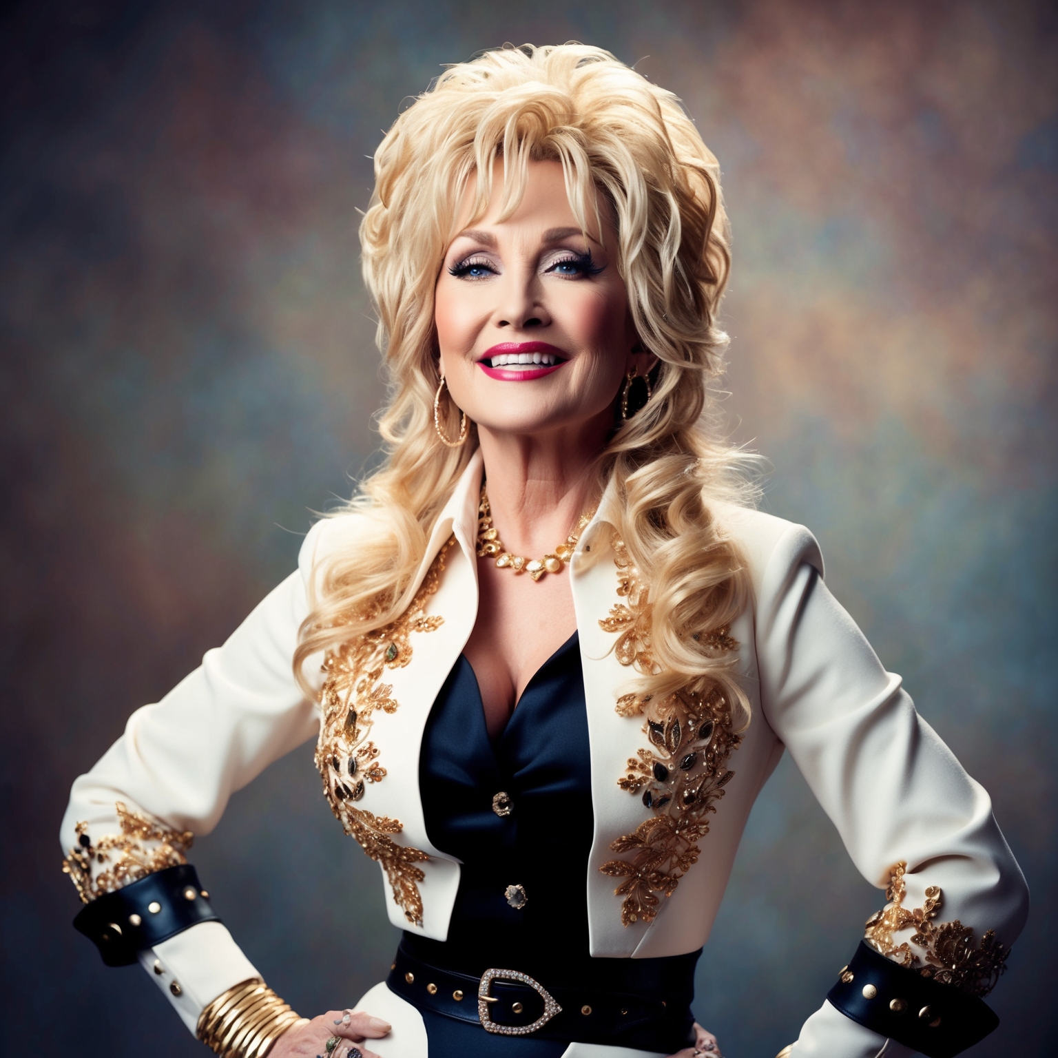 A classic portrait of Dolly Parton in her prime, showcasing her vibrant personality and iconic style, set against a backdrop reminiscent of the 1970s Nashville music scene.