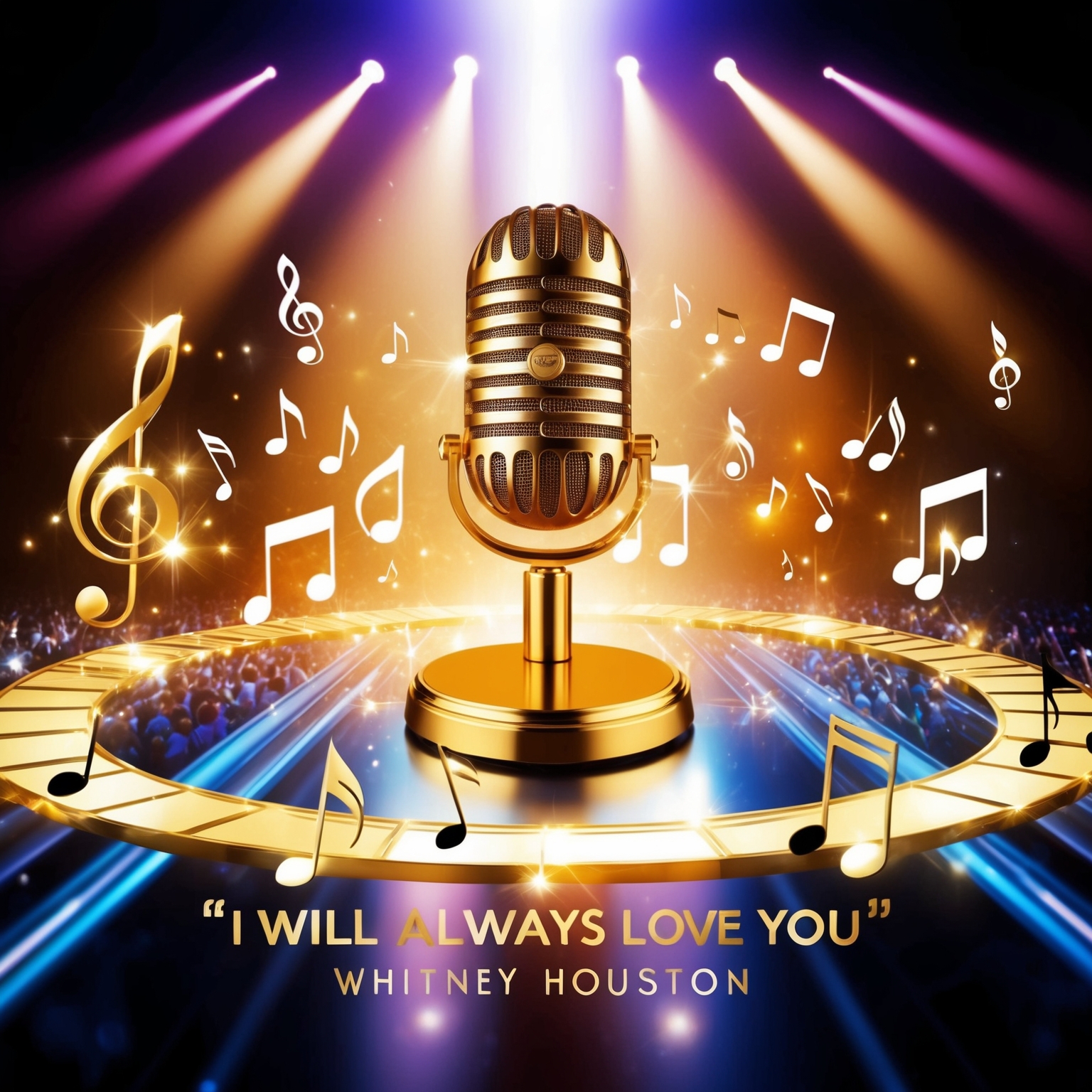 A vibrant and dynamic image depicting a golden microphone surrounded by music notes, symbolizing the song "I Will Always Love You" by Whitney Houston. The scene should be infused with an aura of timeless elegance and celebration, capturing the many awards and artists who have honored this iconic track. The backdrop to suggest a concert stage shimmering under lights, evoking a sense of musical triumph.