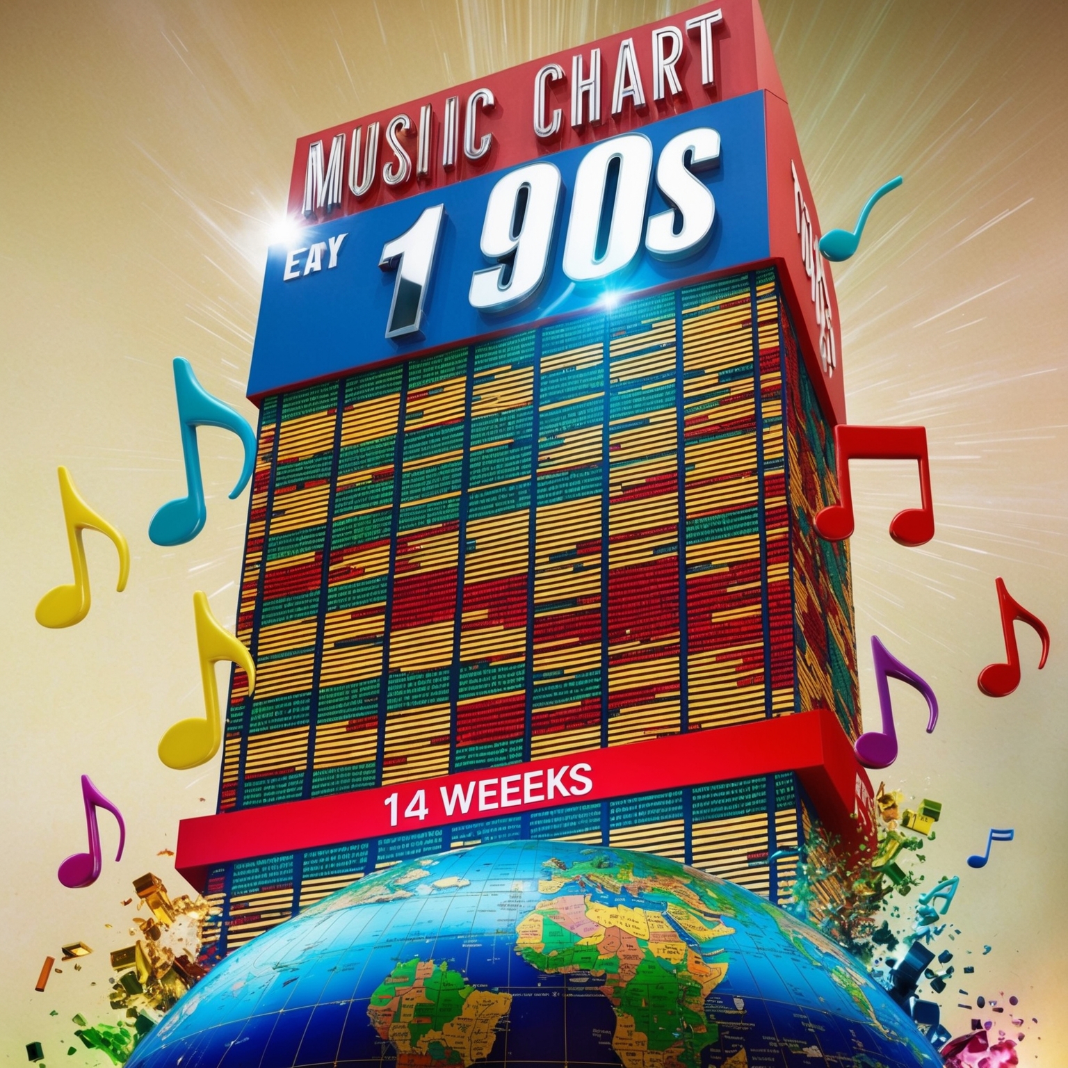 A dynamic and colorful depiction of a towering music chart from the early 1990s with a highlighted number one spot marked for 14 consecutive weeks. The artwork should exude a sense of triumph and cultural impact, blending elements such as musical notes, the globe, and references to 1990s pop culture.