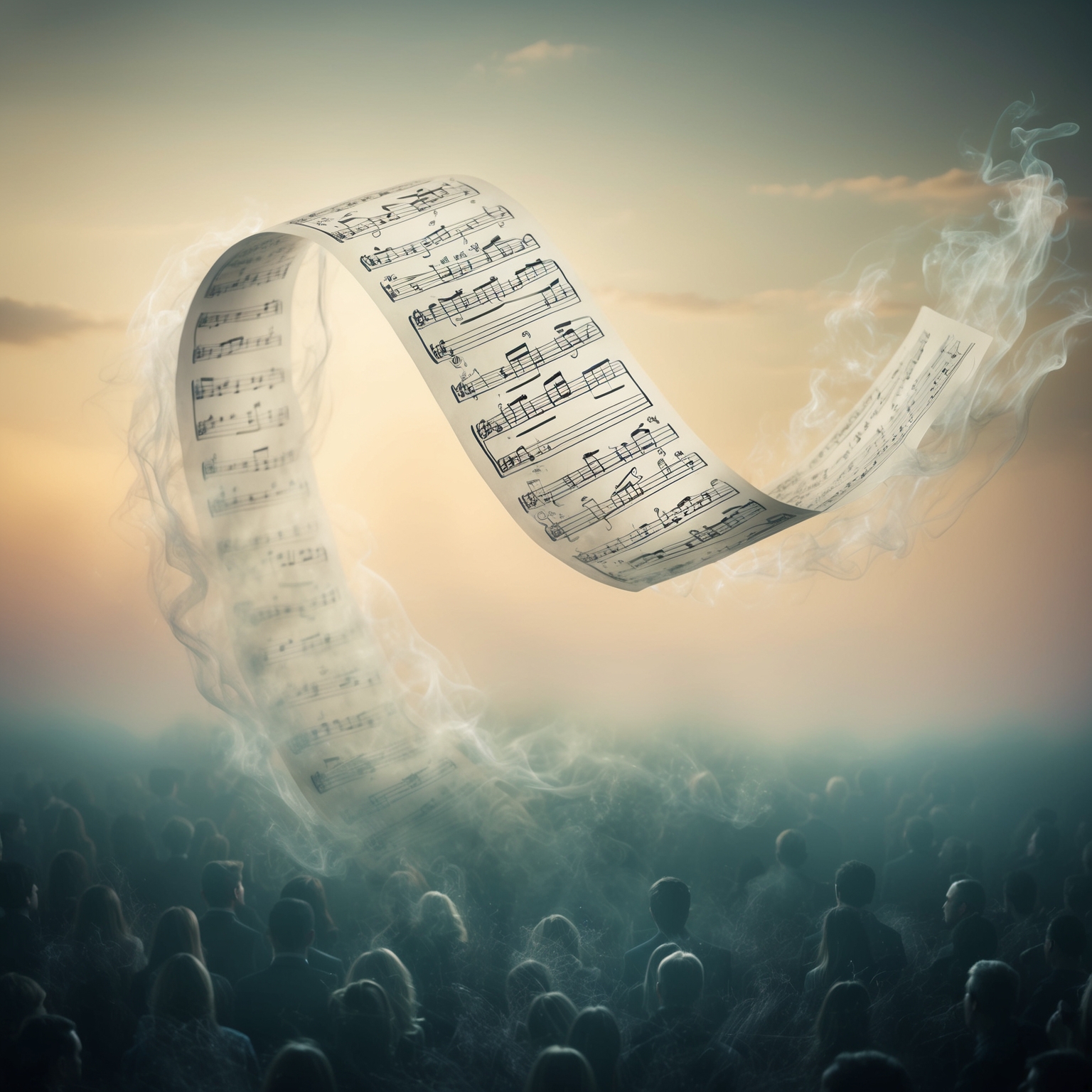 An elegant illustration of a pair of bittersweet, ethereal moments symbolized by memories fading into a dreamy mist. The focus is on a wisp of sheet music filled with notes and emotional imprints, drifting gently through an abstract landscape, as it connects with an audience across time.