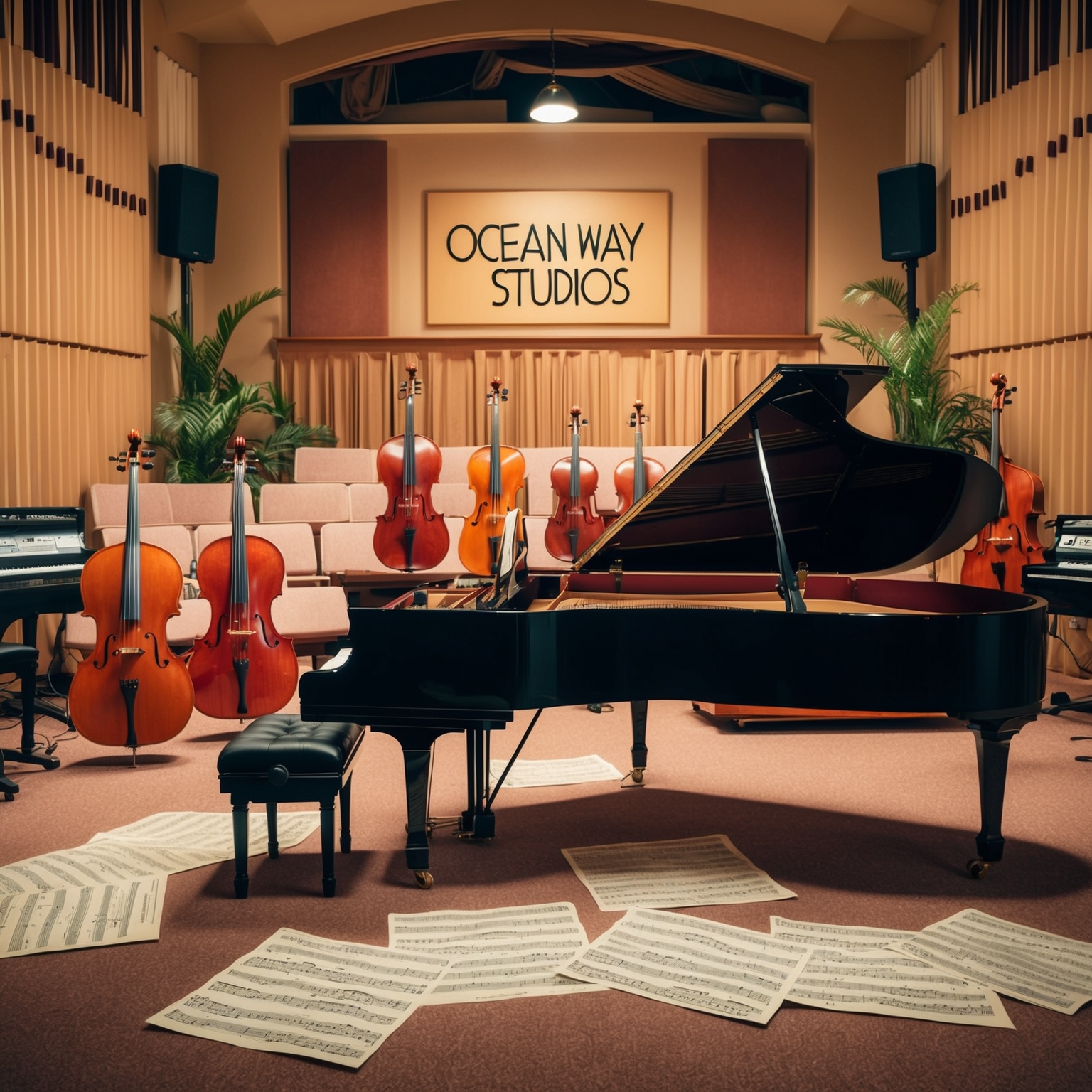 A vintage recording studio with lush string instruments and a grand piano. The atmosphere should capture the retro architectural acoustics of Ocean Way Studios with sheet music scattered around, a symbol of creative collaboration and attention to detail.