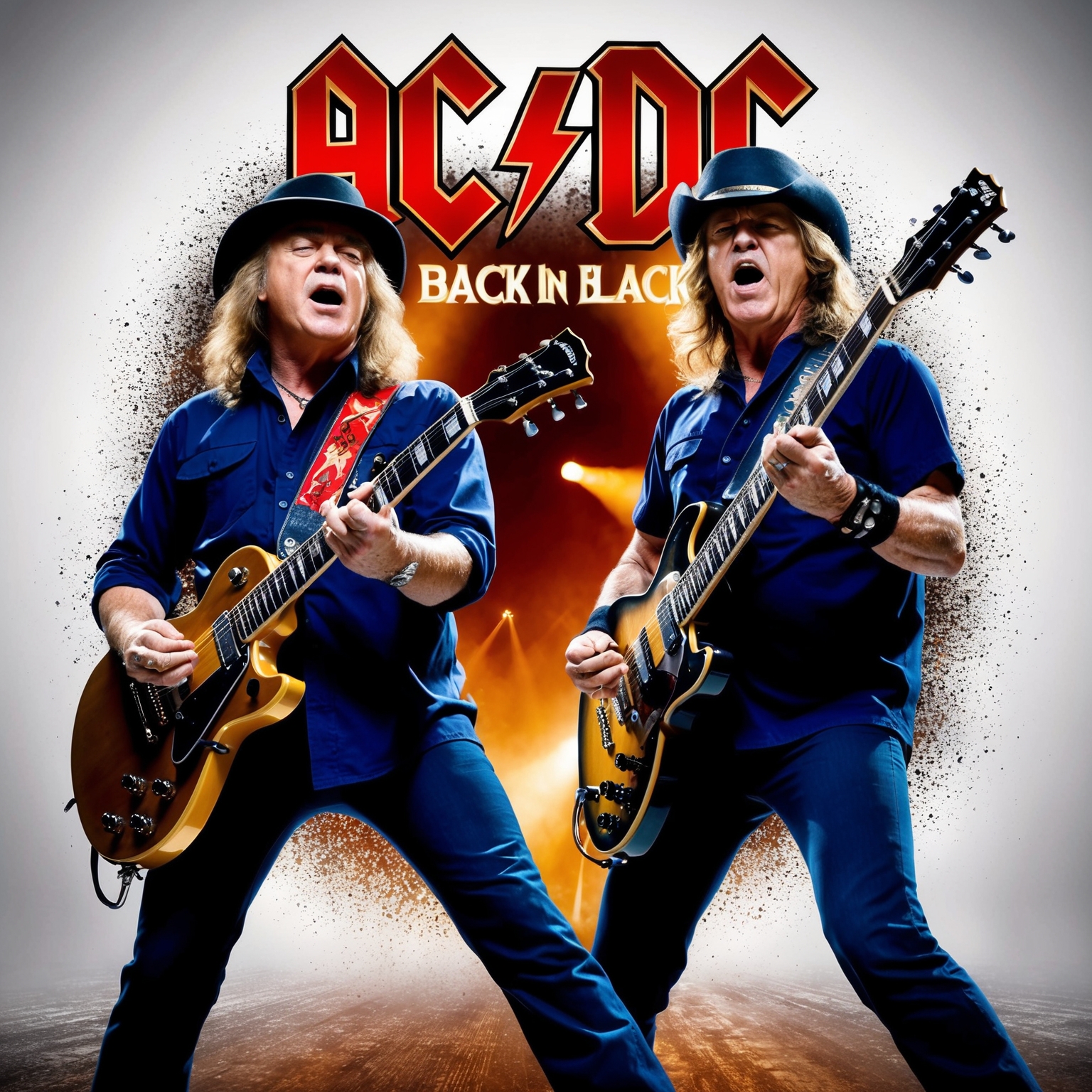 A dynamic illustration capturing the essence of Angus and Malcolm Young of AC/DC, showcasing their iconic electric guitars, energetic stage presence, and powerful synergy in composing the legendary rock anthem 