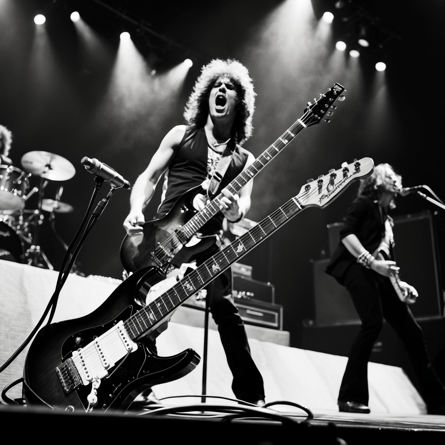 A dynamic stage scene with electric guitar and microphone, depicting the energetic presence of a rock band, in a black and white color palette, capturing the spirit of classic rock and roll.