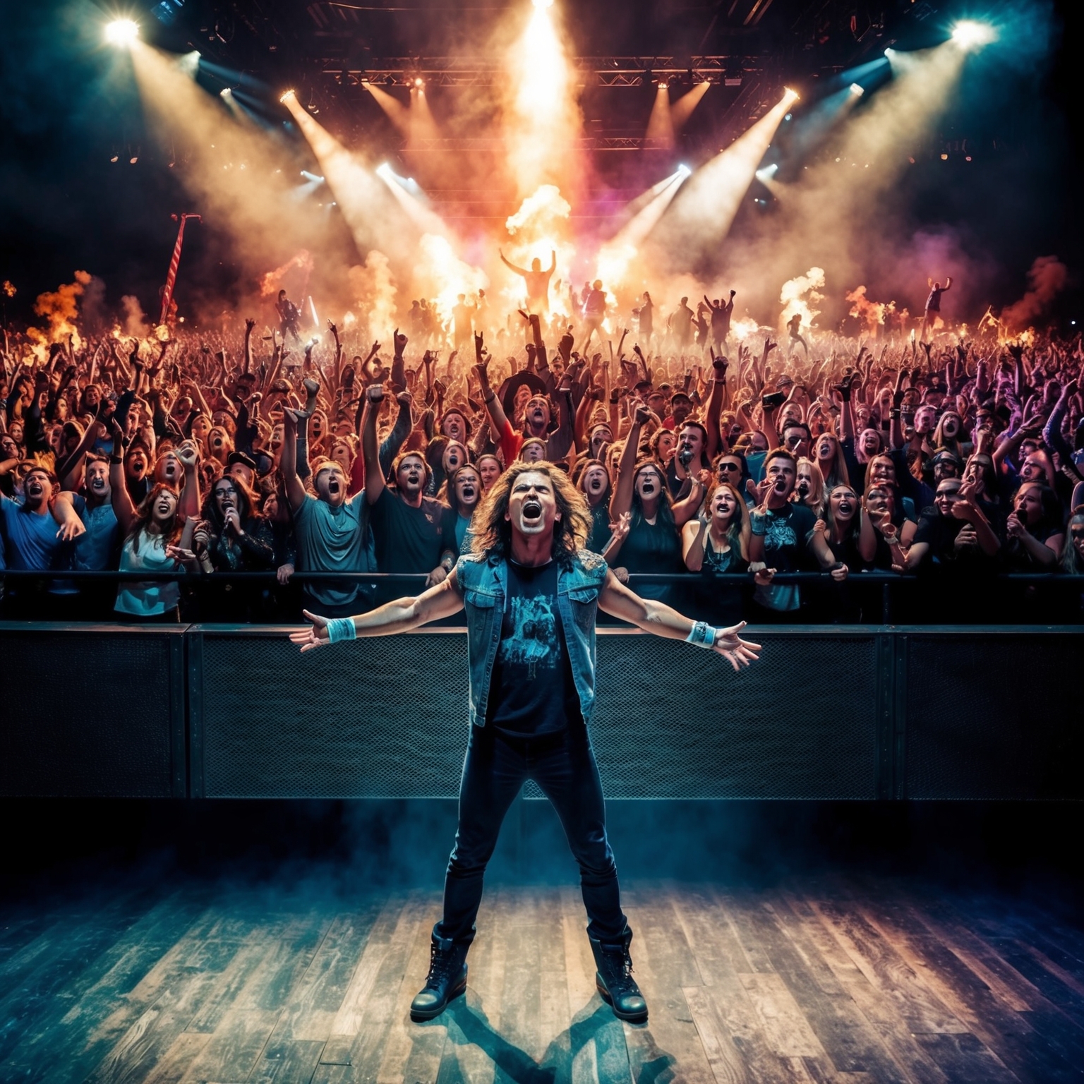 A powerful depiction of a rock concert, emphasizing the energy of a crowd reflecting themes of triumph and resilience, with the protagonist in the foreground expressing rebellious freedom, symbolic of rock music