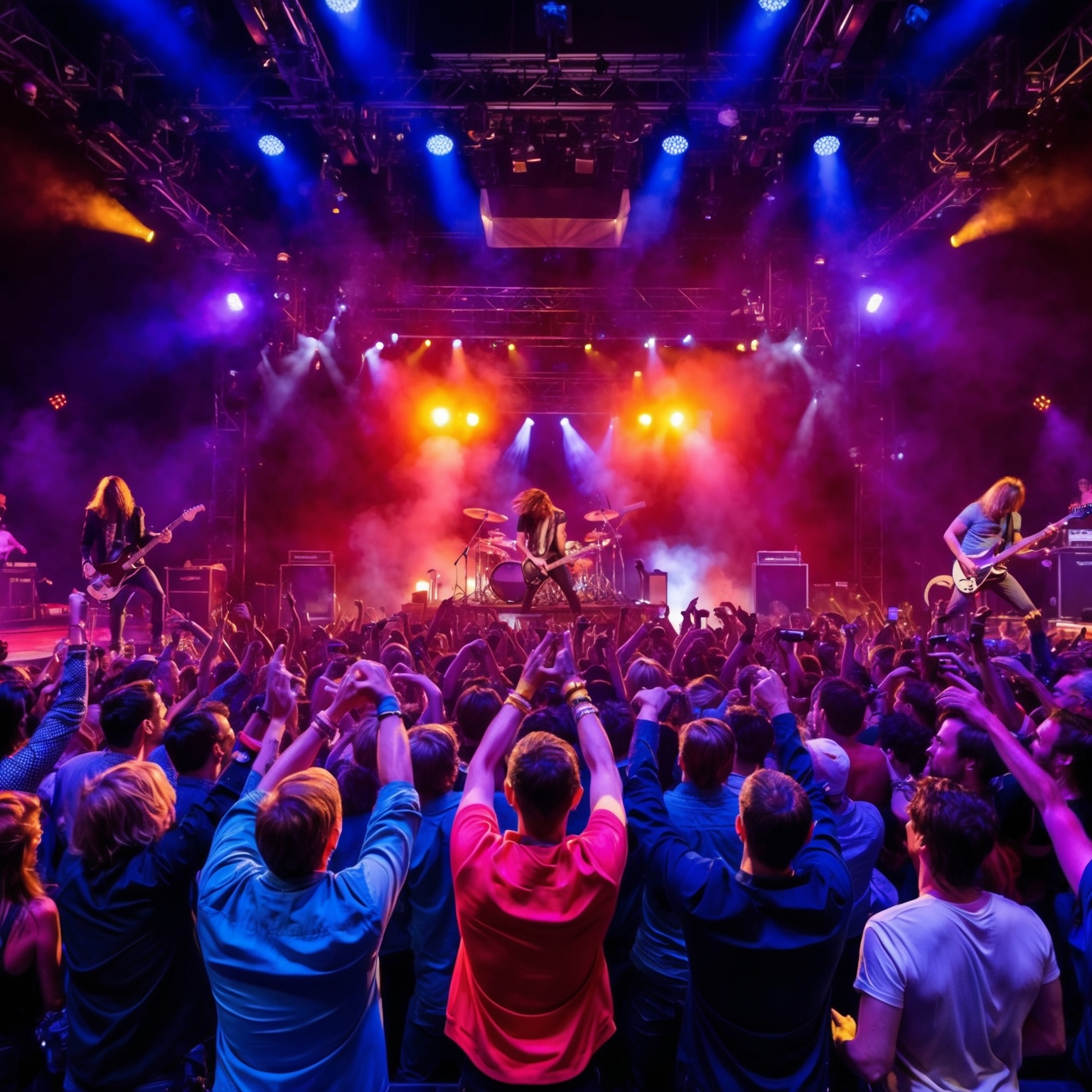 A vibrant, energetic scene of a live rock band performance with an electric crowd, showcasing high energy and intense stage lighting reminiscent of classic rock concerts.