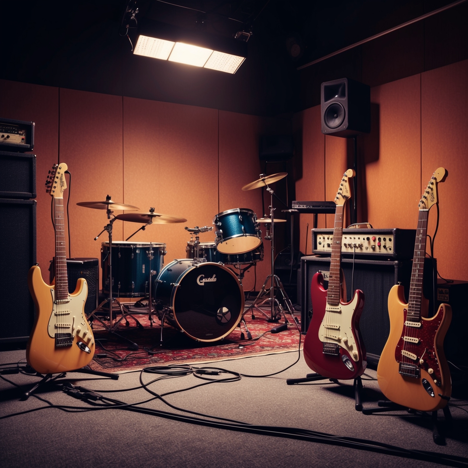 A band setup in a recording studio setting, showcasing electric guitars, drums, and sound equipment. The ambiance should reflect a rock band