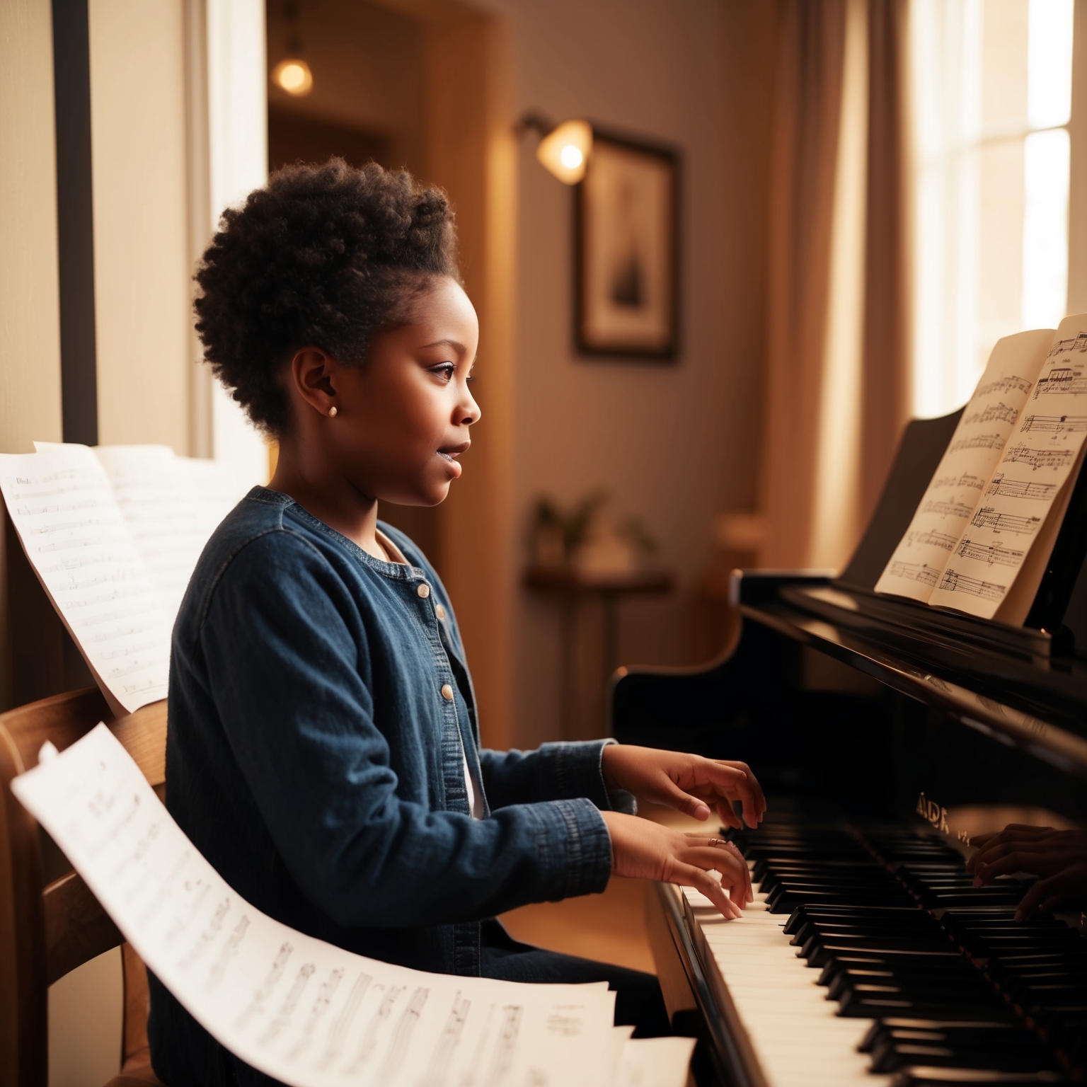 A snapshot of young Adele composing music at a piano in a cozy room, capturing a moment of inspiration. The setting shows a mix of modern and classic elements, with sheets of handwritten notes scattered around, evoking the essence of creativity. The room is bathed in warm, soft lighting, reflecting an intimate atmosphere.