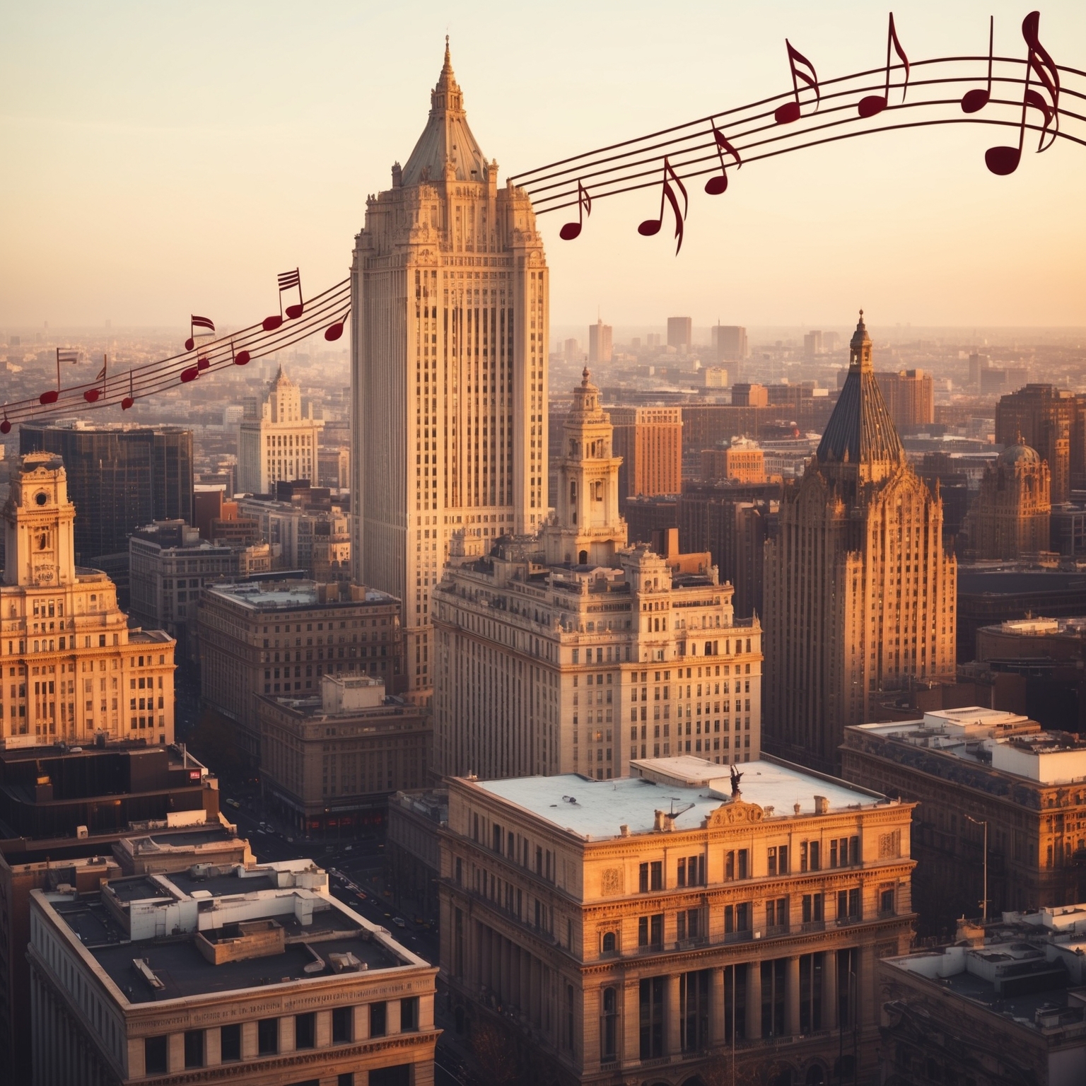 A nostalgic scene of an urban landscape, capturing the essence of a city with iconic buildings. Use soft, warm lighting to evoke warmth and sentimentality. Incorporate visual elements that suggest music notes subtly in the background, symbolizing the song