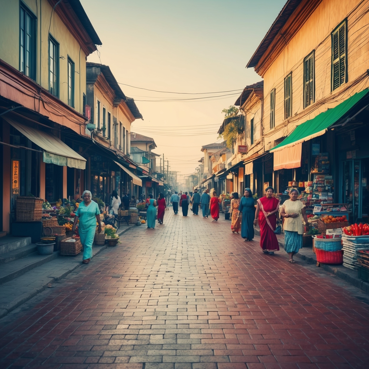 A serene, nostalgic scene of a hometown street, capturing a sense of warmth and familiarity with pavements, local shops, and people reflecting diverse cultural backgrounds, evoking themes of belonging and identity.