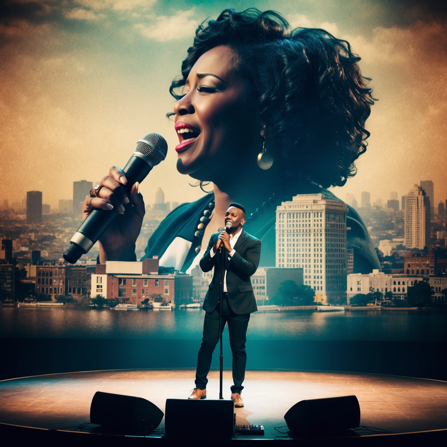 Create a visual representation featuring a soulful singer performing on stage, with a nostalgic cityscape backdrop, capturing the emotional depth and universal connection of a powerful ballad about one