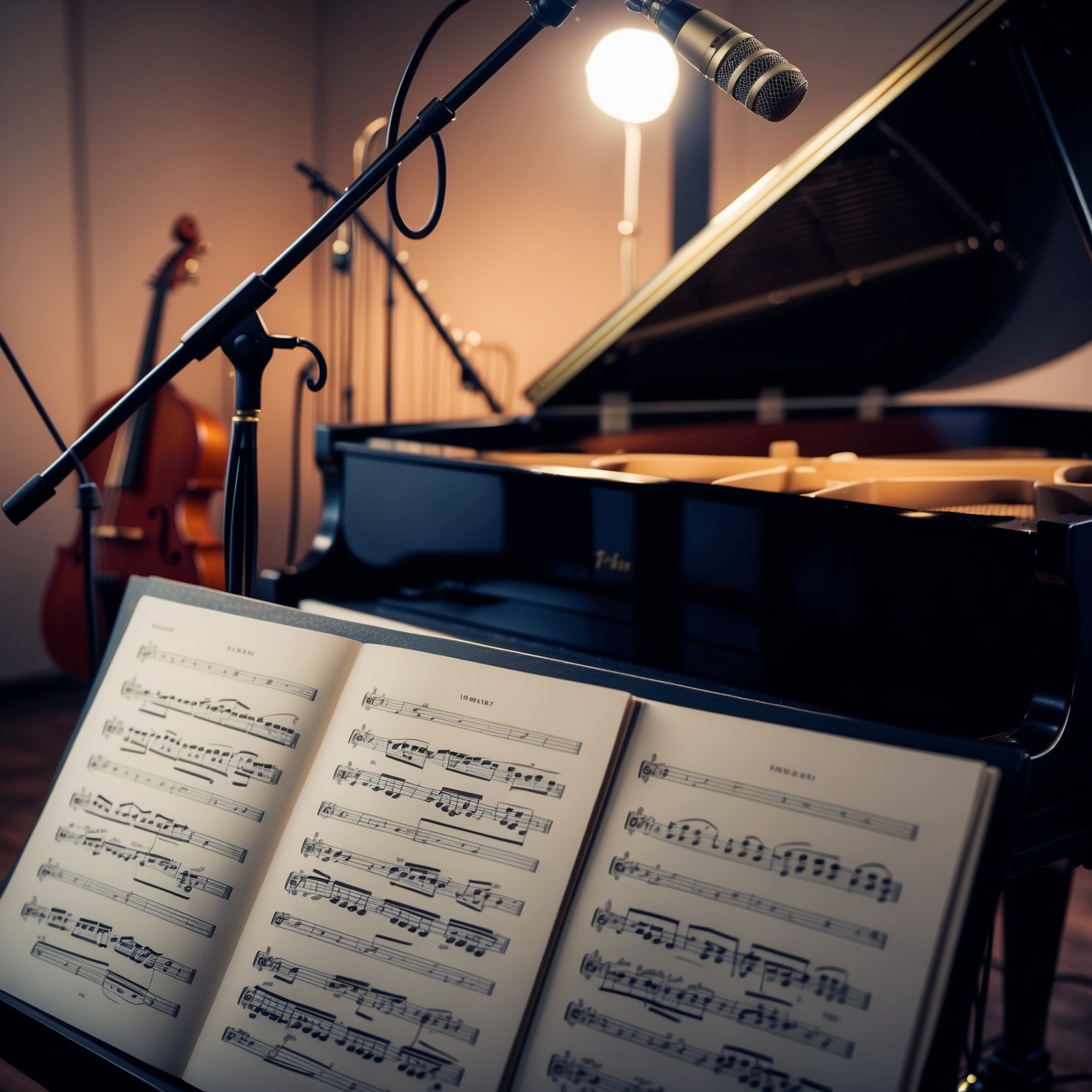 A serene and intimate studio setting, featuring a grand piano with sheet music, ambient lighting highlighting a microphone stand, and subtle string instruments in the background, capturing the essence of a soulful and nostalgic recording session.