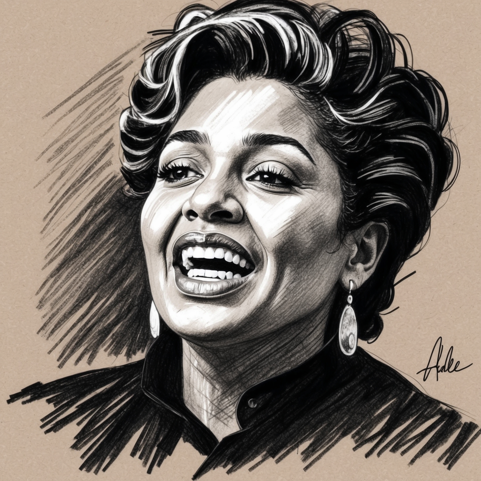 Create a black and white charcoal portrait of Adele, capturing her deep emotion, with a half-finished, stylistic feel. Focus on a raw, expressive representation of the artist in a way that hints at her powerful musical influence.