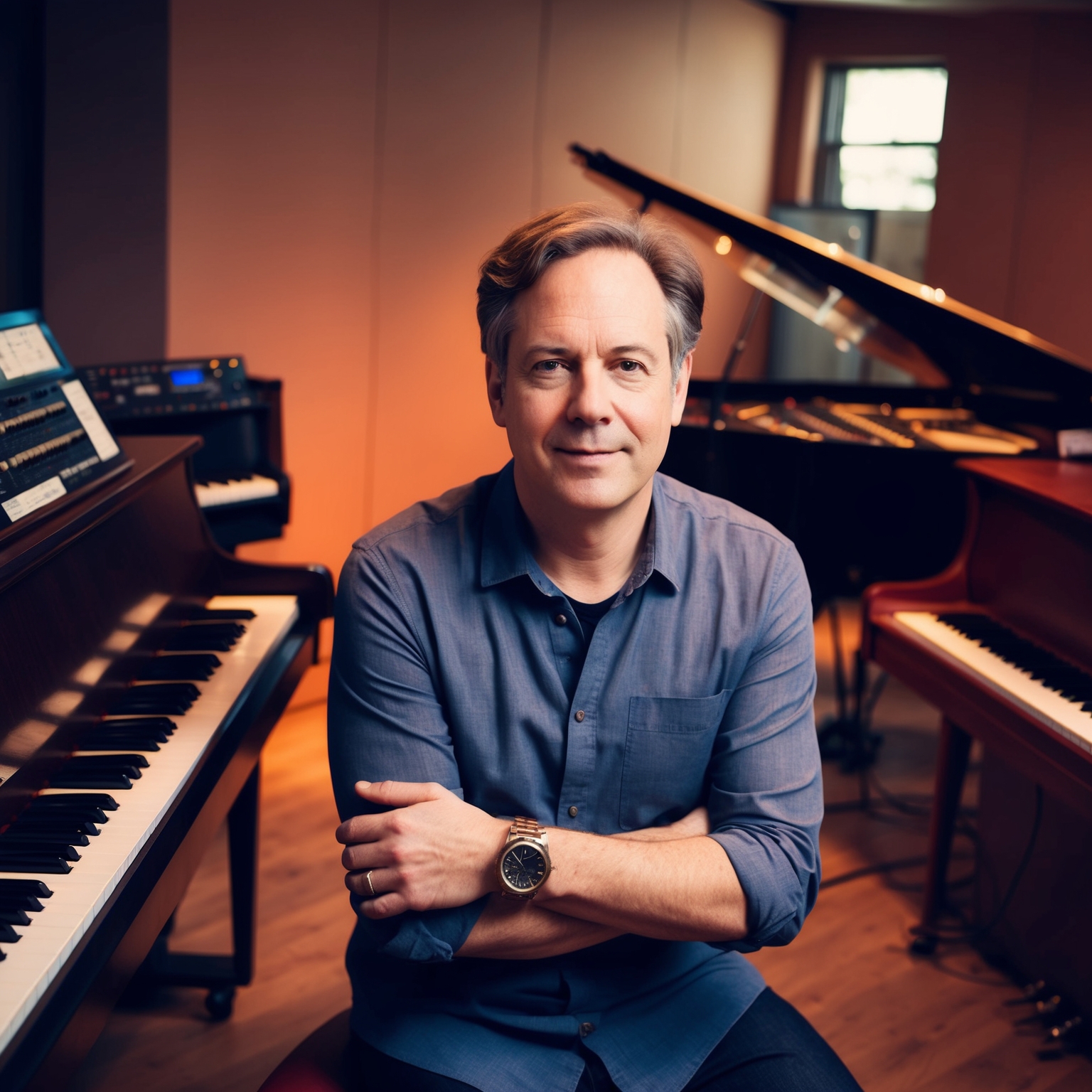 A portrait of Greg Kurstin in a music studio, surrounded by pianos and mixing equipment, conveying a sense of focus and creativity, with warm, inviting lighting.