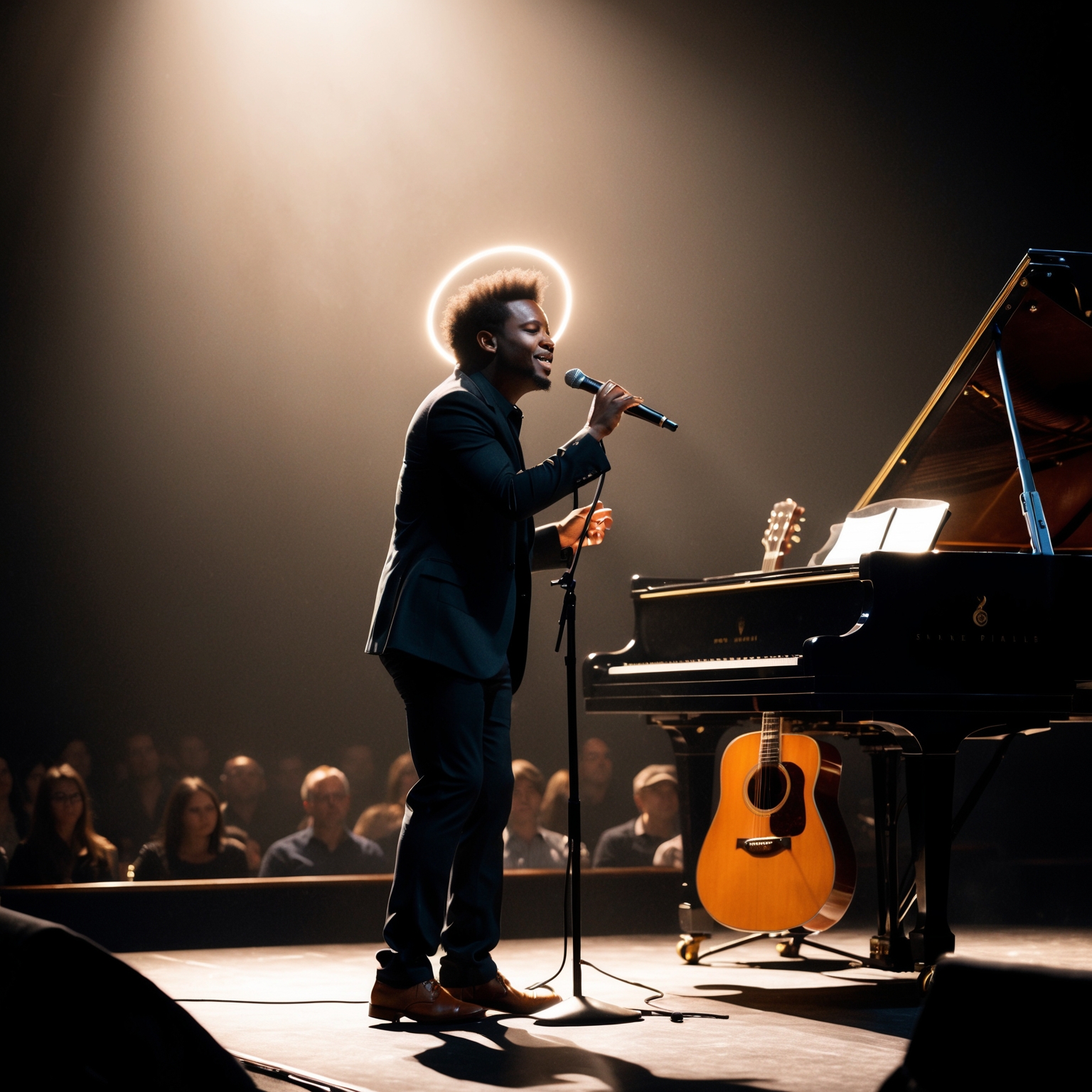 An intimate concert setting depicting an artist performing a soulful ballad, with a soft spotlight casting a halo effect. The background suggests a grand piano and an acoustic guitar on a dimly lit stage. There