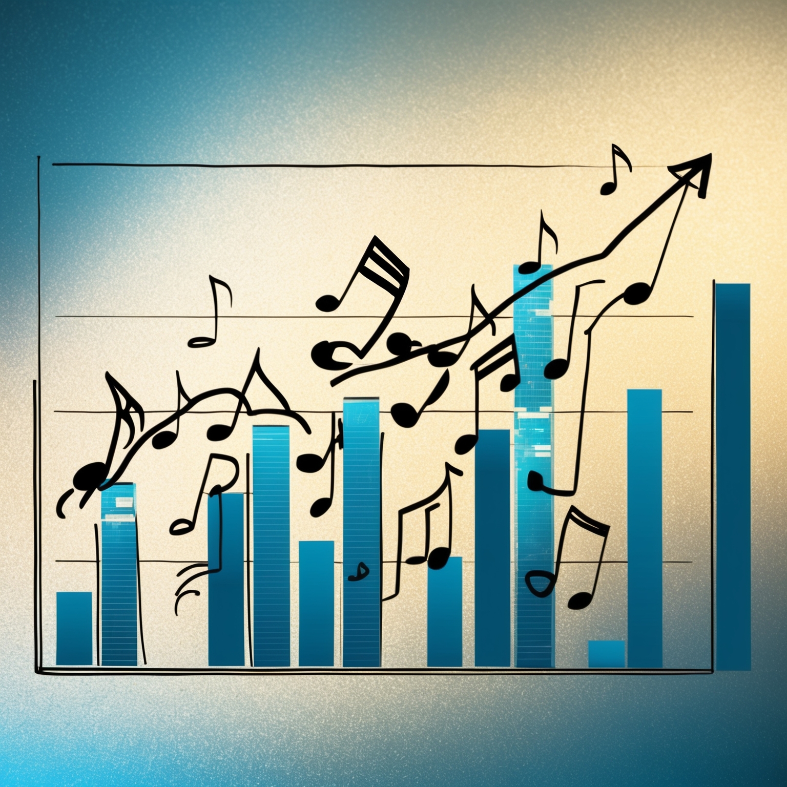 Illustration of a musical chart with various musical notes and graphs depicting the rise of a song on a digital streaming platform. The background features subtle shades of blue and gold to represent Adele