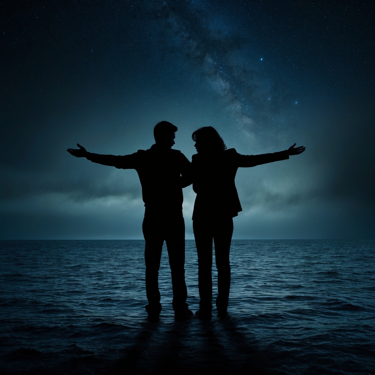 A somber, atmospheric image depicting two silhouettes standing oceans apart under a dark, starry sky. One figure is looking towards the other, arms opened in a gesture of farewell. The scene captures the essence of emotional distance, evoking feelings of melancholy and reflection, in line with the themes of Adele