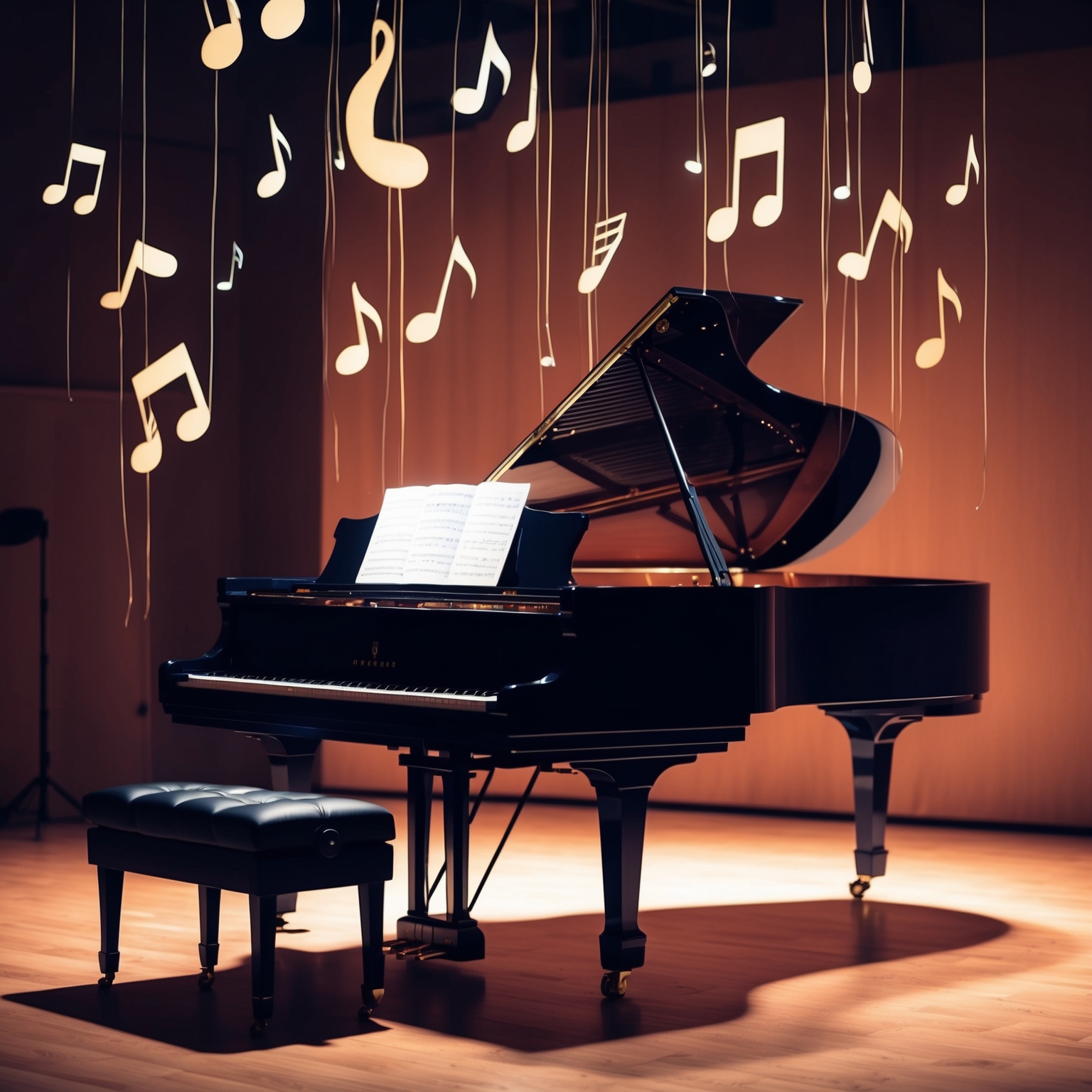 A digital illustration showcasing a grand piano, softly illuminated in a dimly lit recording studio. Strings of sheet music float in the air, echoing the melancholic and introspective mood of a song in the key of F major, set with a tangible sense of warmth and sentimentality.