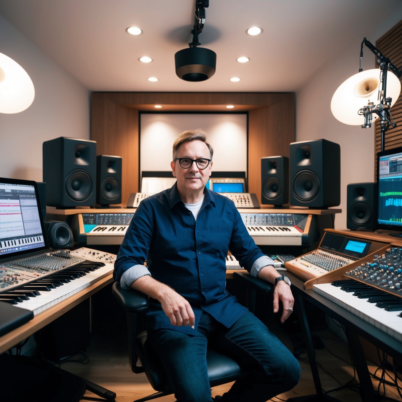 Visualize the heart of music production with a renowned British composer in a modern studio setting, surrounded by musical instruments and sound equipment, conveying creativity and musical innovation.