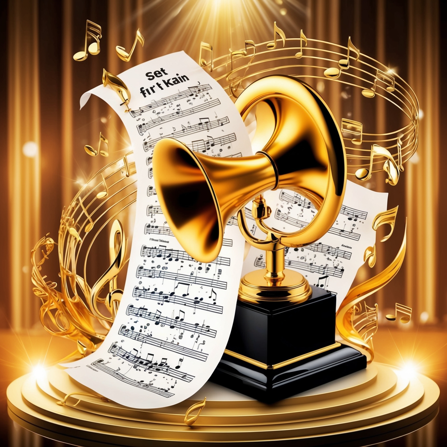 Create a vibrant scene illustrating music awards with a golden gramophone trophy surrounded by sheet music and flowing musical notes. Highlight the significance of awards with elegant and artistic details, symbolizing the success and influence of Adele