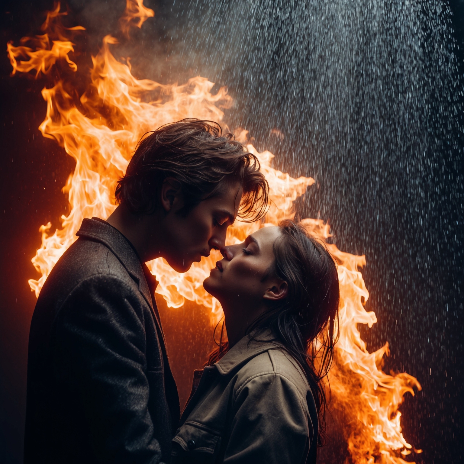 A dramatic scene depicting the clash of fire and rain, symbolizing love