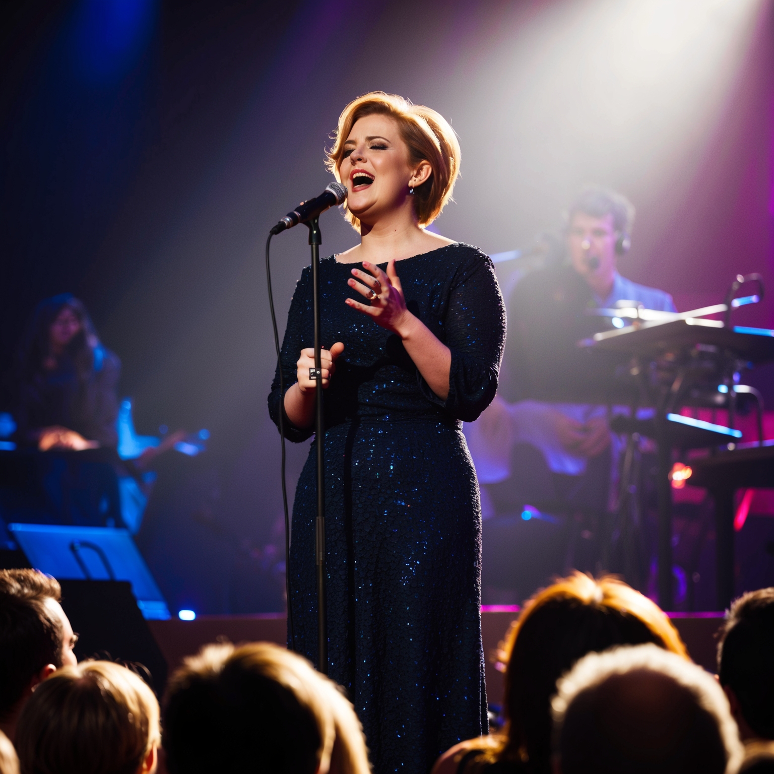 Create an illustration that captures the essence of Adele’s live performance at the Royal Albert Hall, highlighting the lighting and her expressive singing style. The ambiance should be dramatic and intimate, capturing the audience