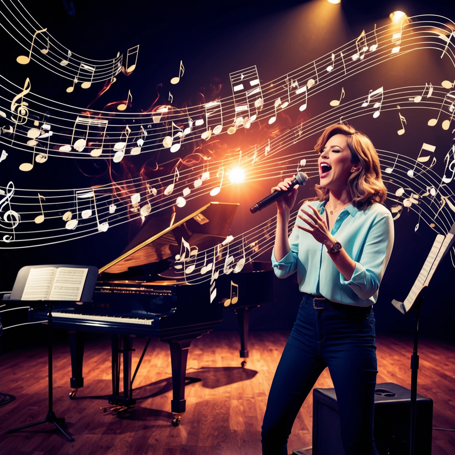 Illustrate the musical structure of a powerful pop ballad set in a recording studio. Include instruments like piano, guitar, and strings, with emphasis on emotional and dramatic atmospheres. Display a vocalist passionately delivering a performance, with visual emphasis on musical notes and harmonies swirling around.