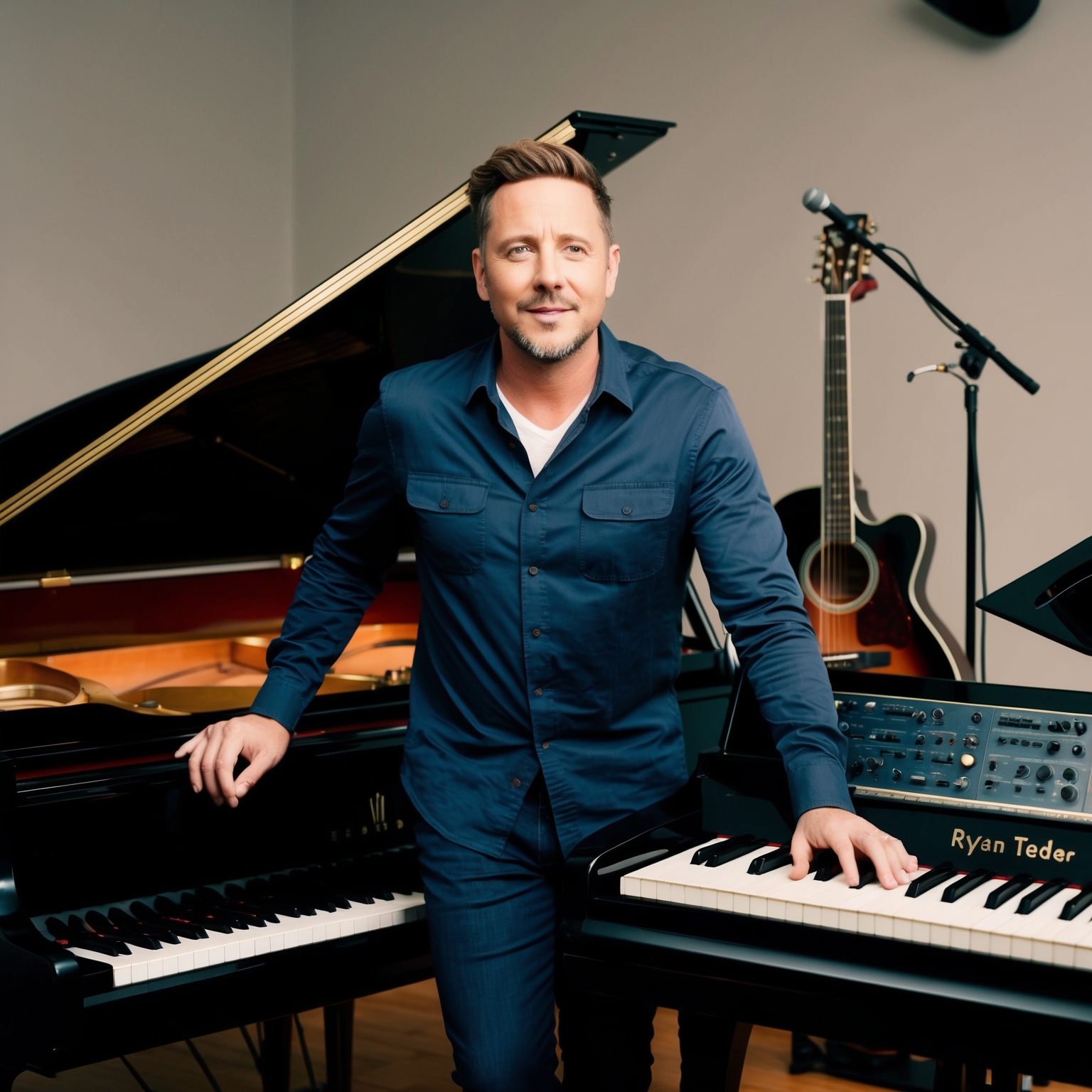 A portrait of Ryan Tedder, Grammy-winning composer, showcasing his musical versatility and connection with Adele. The scene captures Tedder in a recording studio, surrounded by musical instruments like a grand piano and guitar, emphasizing his role as a composer and producer. The setting highlights the blend of classical and modern elements that define his music.