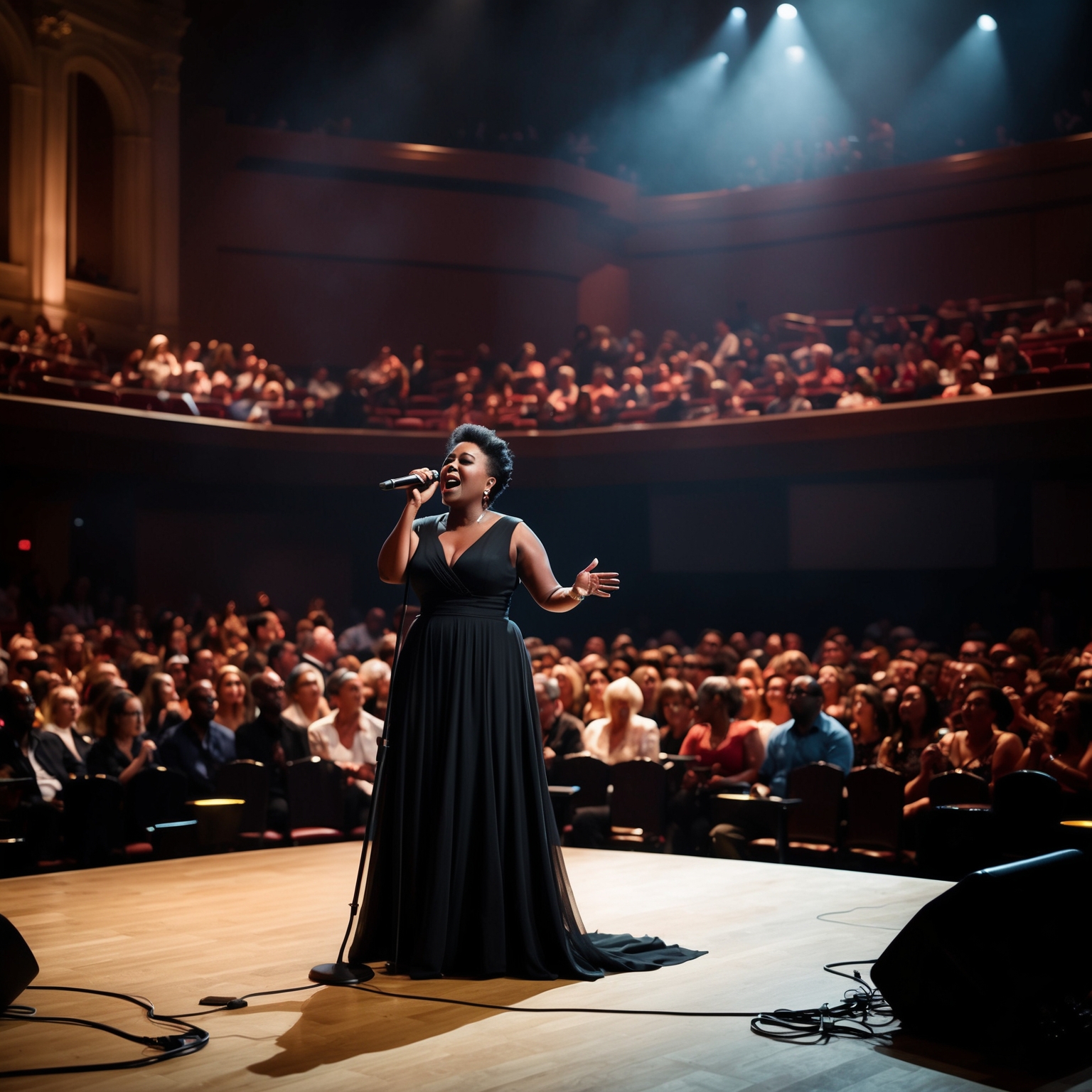 An intimate portrayal of a live concert performance with a focus on a soulful singer under dramatic lighting, capturing an audience emotionally engaged in a majestic, historic concert hall.