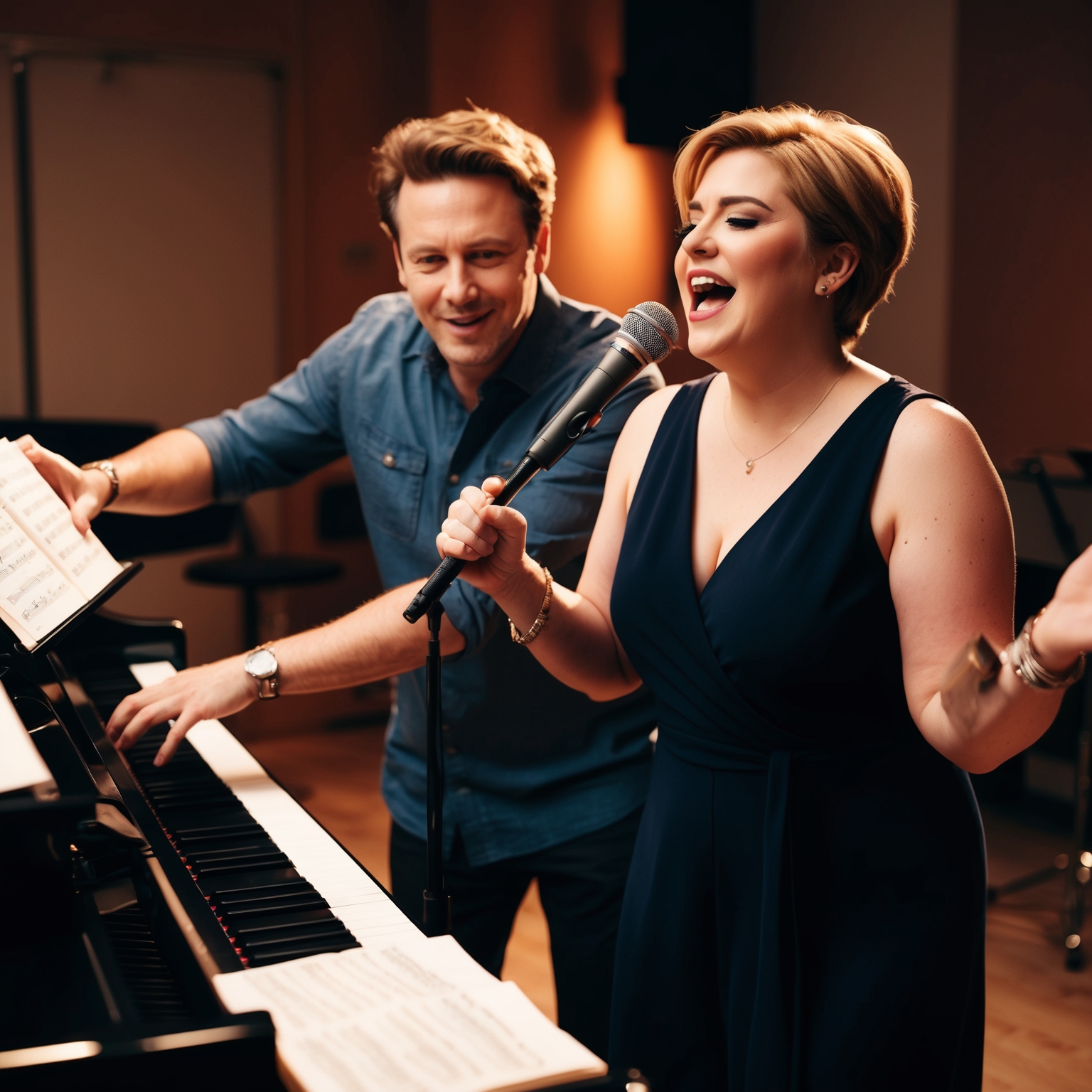 A dynamic portrayal of Greg Kurstin and Adele collaborating in a music studio. Include Kurstin playing a piano or keyboard, with sheets of music around, while Adele stands before a microphone, singing passionately. The studio should feel intimate yet modern, reflecting a space where musical magic happens. The lighting should evoke a sense of creativity and focus, with warm tones emphasizing the atmosphere of collaboration and harmony.