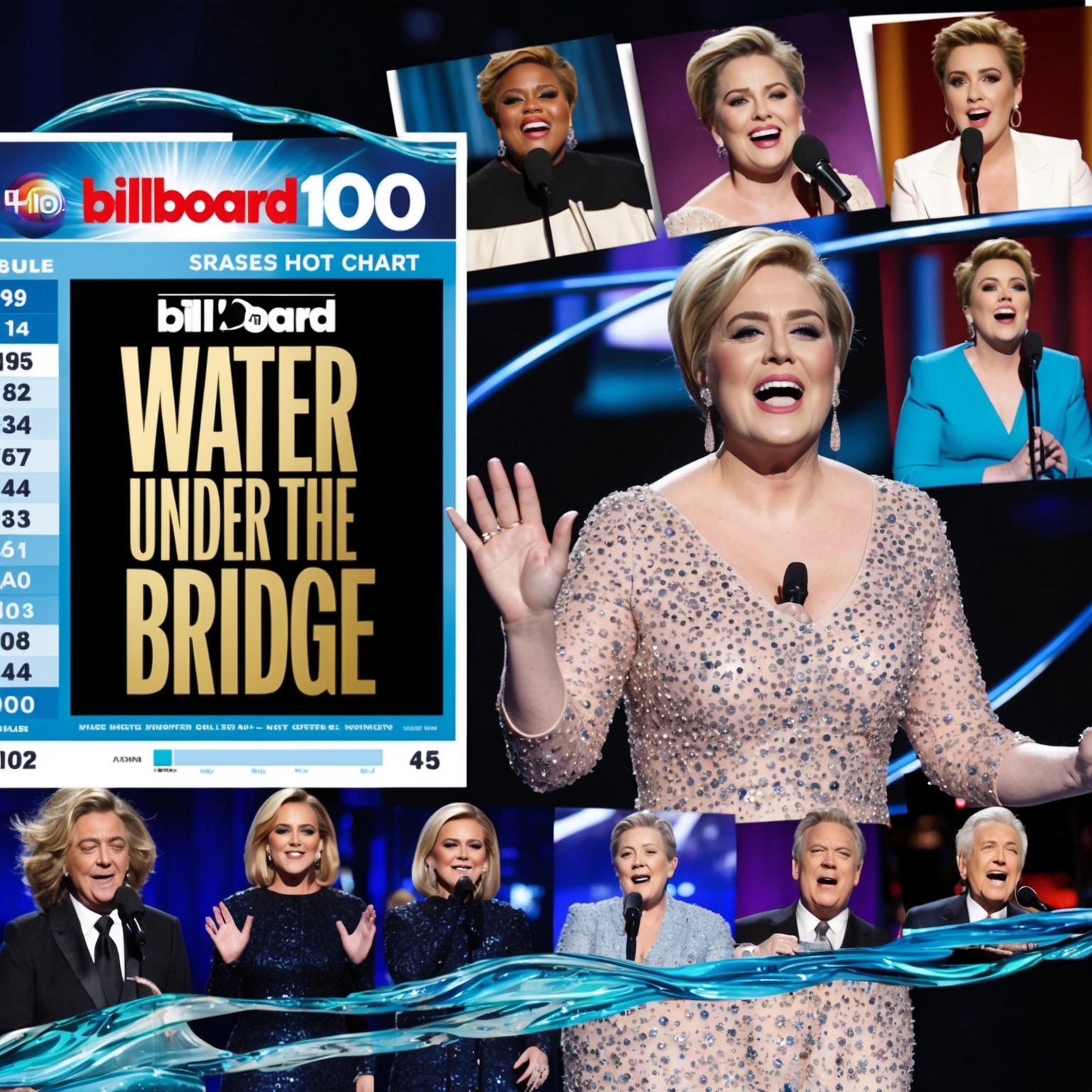 A dynamic collage featuring the Billboard Hot 100 chart with 