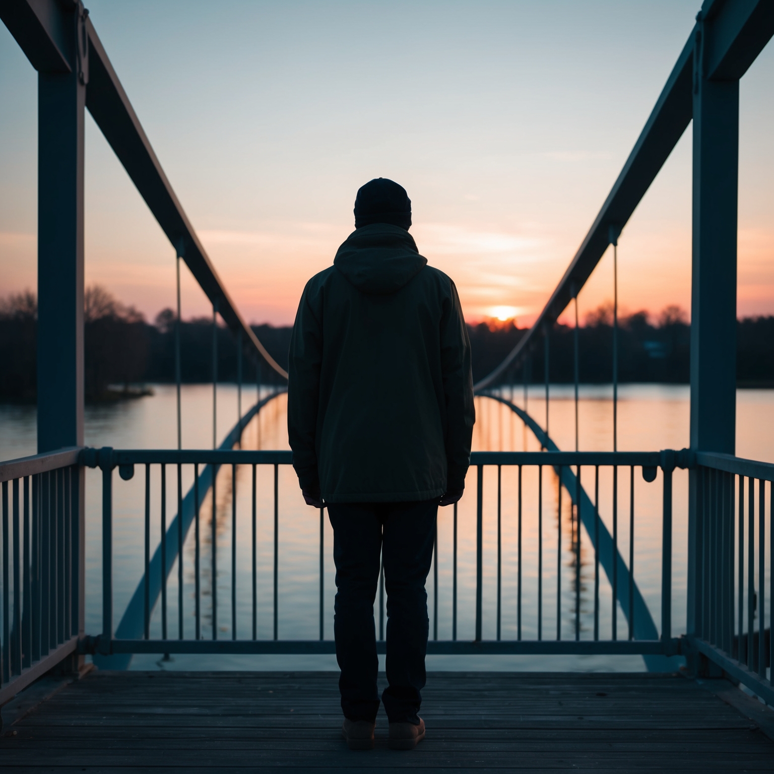 A somber, introspective moment focusing on a person standing on a bridge overlooking water, symbolizing unresolved emotions, in a style that captures both the emotional turmoil and beauty of contemplation. The background should feature a sunset, highlighting the metaphor of moving past or lingering over personal relationships. Emphasize the reflective and poignant atmosphere.