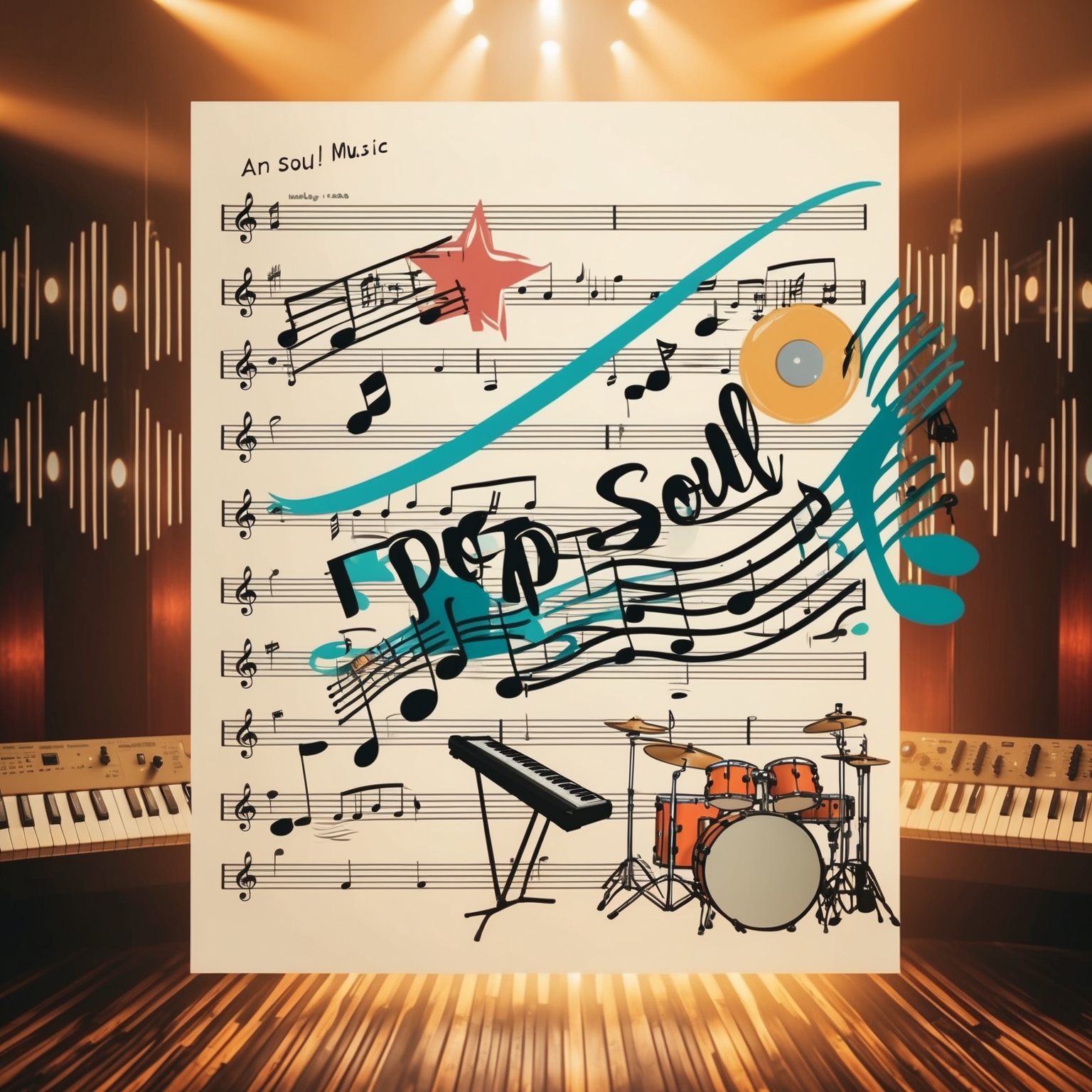 Create a digital illustration showcasing a musical sheet overlaid with pop and soul elements. Include elements representing dynamic vocal lines with ascending and descending curves, diverse instruments such as guitars, keyboards, and drums symbolizing the song’s rhythm and harmony. Set the backdrop as an abstract soundwave pattern that reflects the soulful, warm tones of a well-lit recording studio, capturing the essence of collaborative creativity.