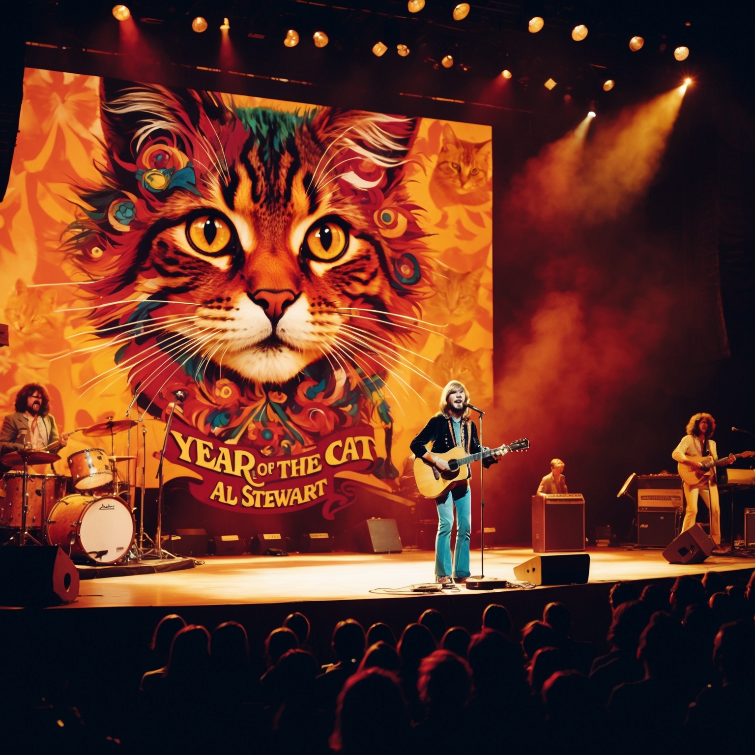 Vintage 1970s concert scene featuring a folk rock musician performing on stage with an intricate backdrop of vibrant cat imagery, capturing the essence of the song 