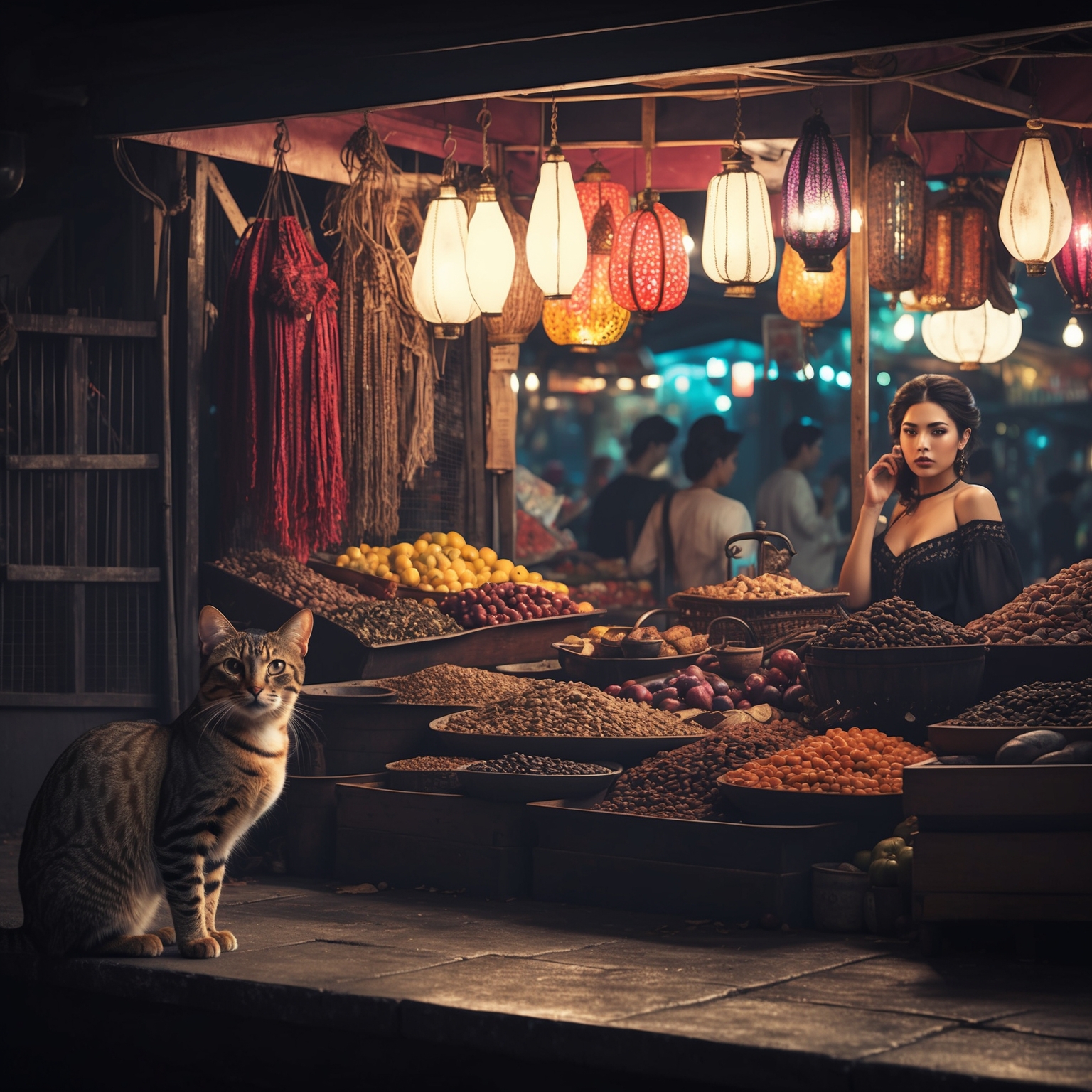 A vintage-inspired scene depicting a mysterious and colorful marketplace under the soft glow of evening lights, featuring an enigmatic woman and an exotic cat subtly blending into the background.