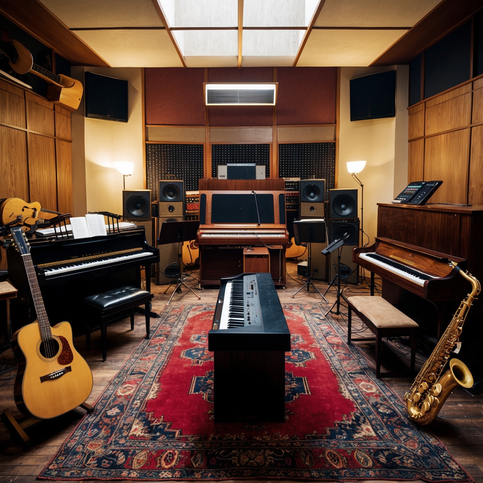 A classic rock recording studio from the 1970s, filled with vintage instruments like acoustic guitars, pianos, and a saxophone, capturing the creative and meticulous atmosphere of Al Stewart