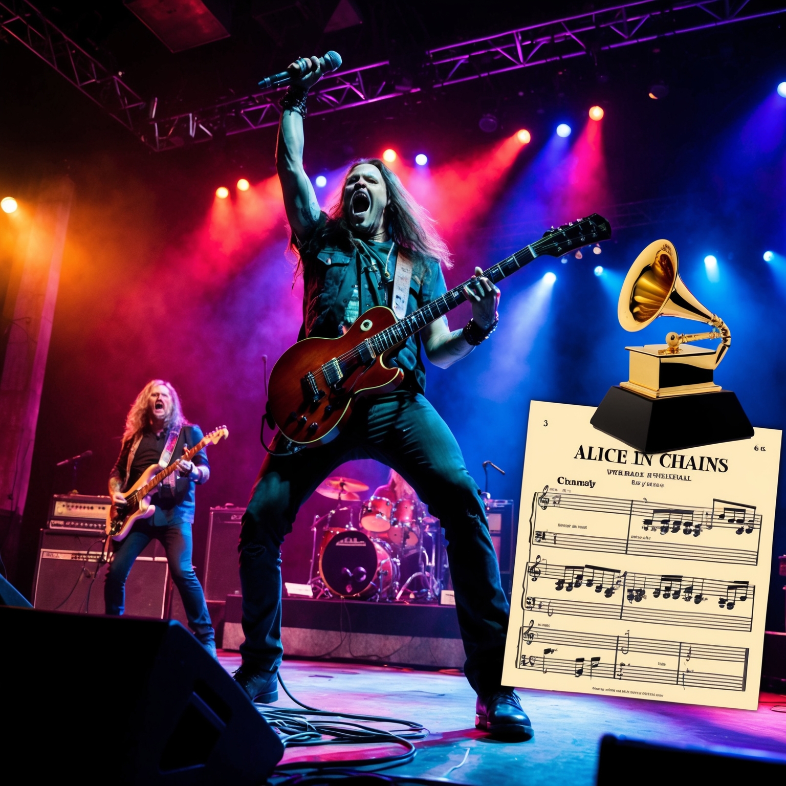 Create an image capturing the essence of a dynamic rock concert, focusing on a grunge band performing passionately under dramatic, colorful stage lights. The scene should reflect the intensity and raw energy typical of a live Alice In Chains performance. Include a Grammy award subtly in the background to highlight the song