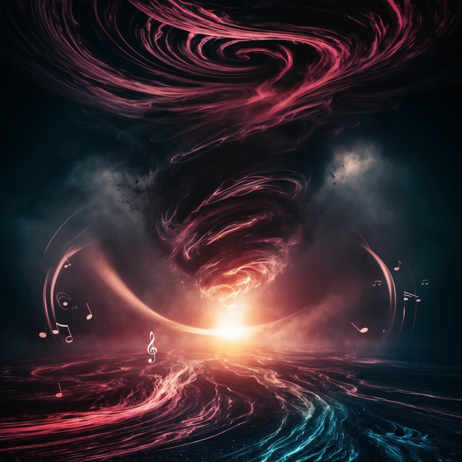 Illustrate a scene depicting emotional turmoil with dark, swirling colors symbolizing confusion and repetitive cycles. Include abstract elements representing music and emotion.